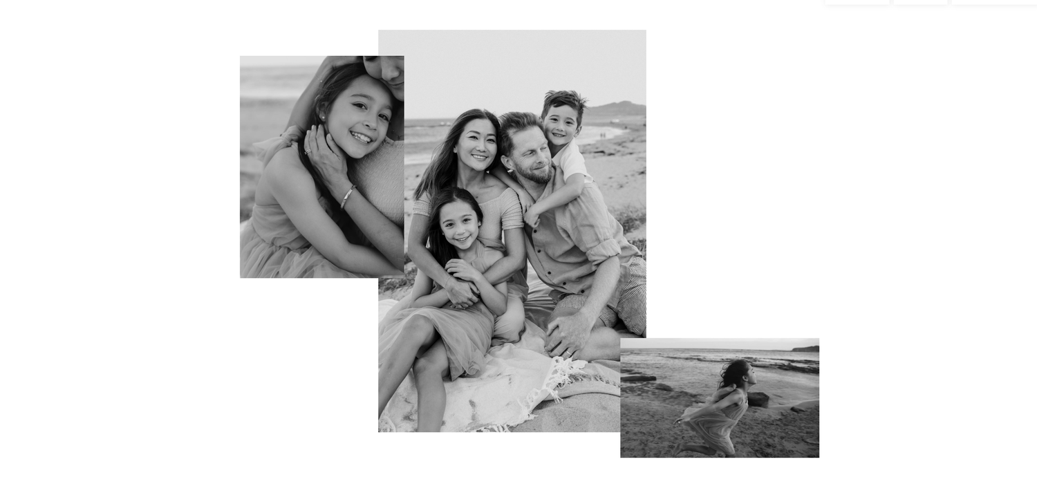 Black and white collage of a happy family of four posing together on a sandy beach.
