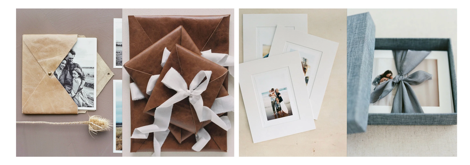 Elegant wedding photo keepsake boxes with ribbon bows, featuring printed photos and ring storage in neutral tones.