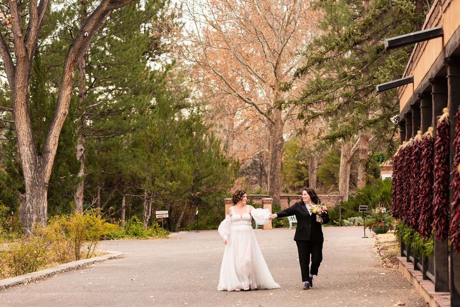 A bride and groom walk hand-in-hand along a tree-lined path during their outdoor wedding celebration.
