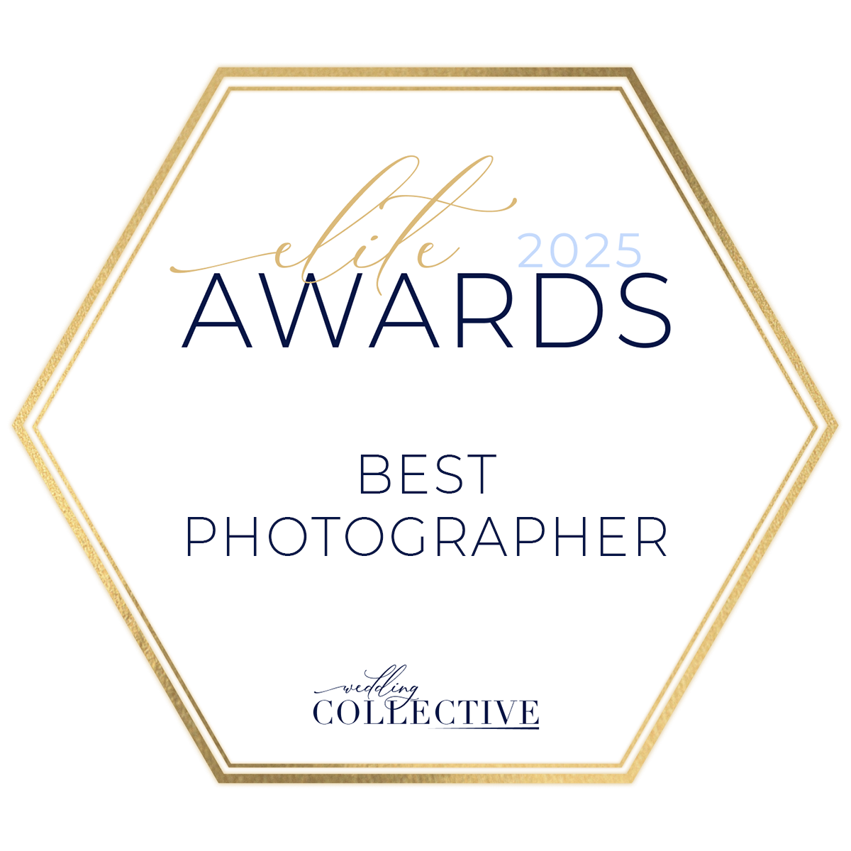 A hexagonal gold-framed award badge for Best Photographer from The Collective with navy blue text.