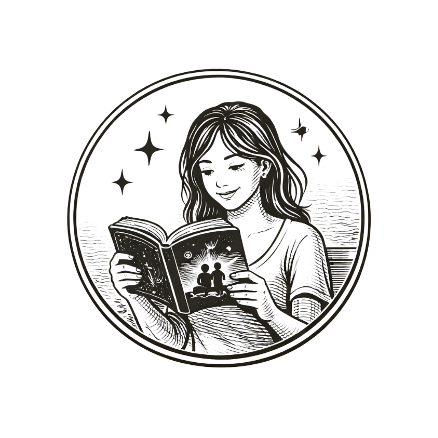 A young woman smiles while reading a book with a glowing cover illustration, surrounded by stars in a circular frame.