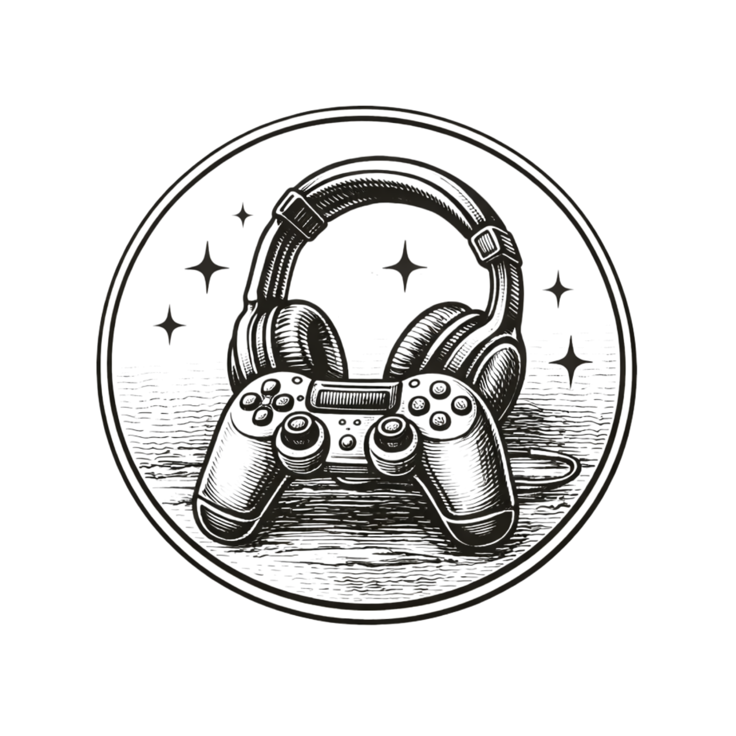 Black and white sketch of a gaming controller and headphones inside a circle with stars.