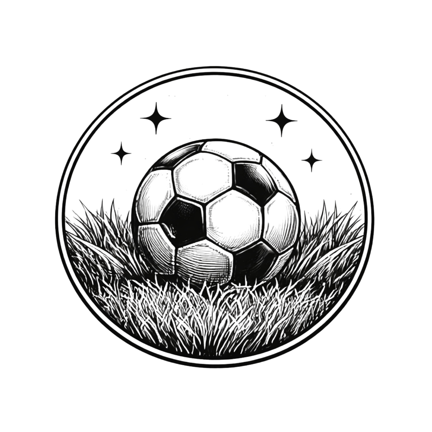 Black and white illustration of a soccer ball resting on grass inside a circle with stars, perfect for sports logos.