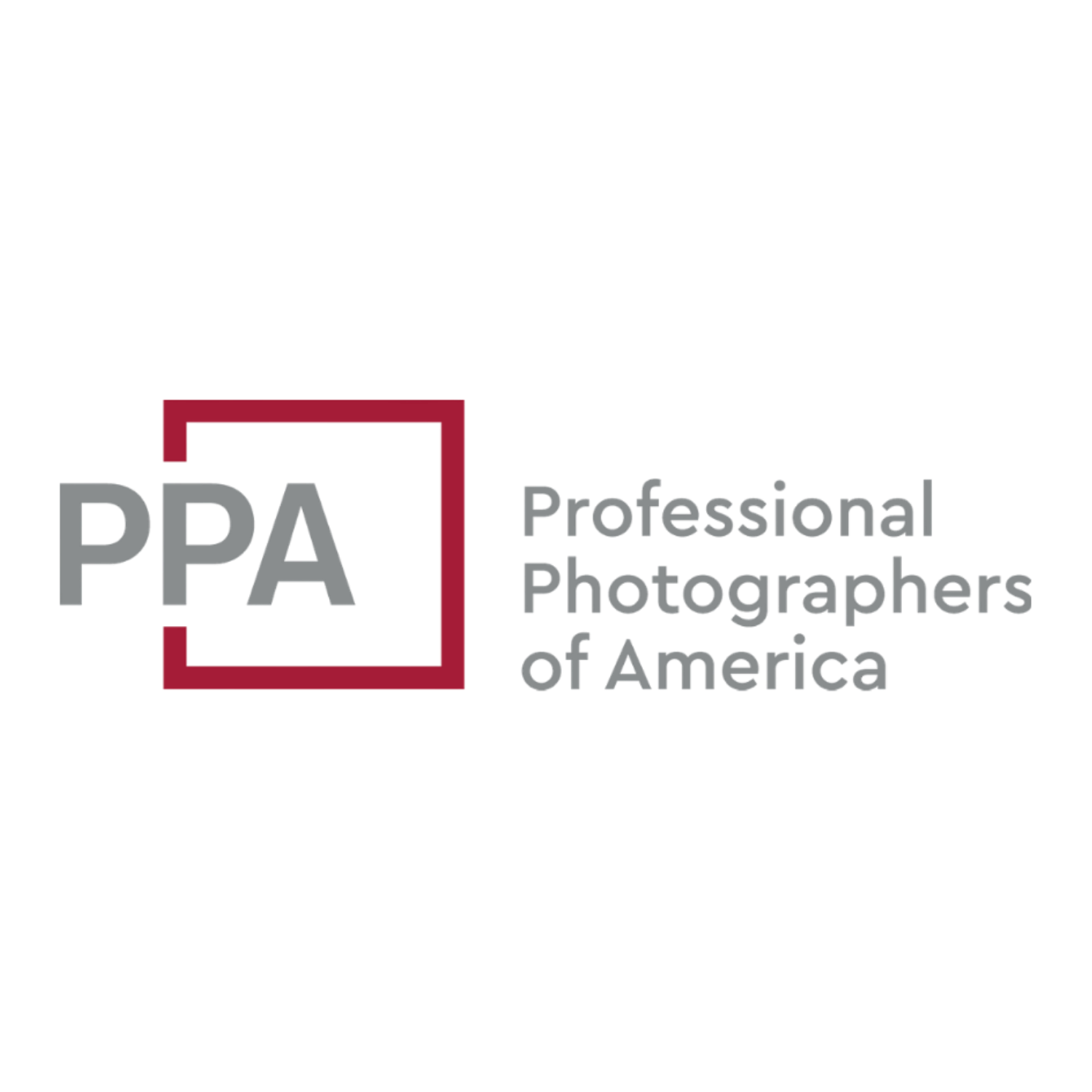 Professional Photographers of America logo with gray text PPA and red square frame next to organization name.