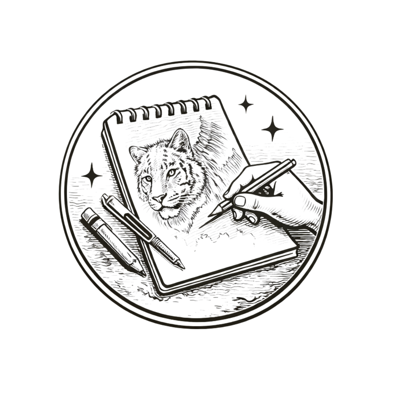 Hand drawing a tiger portrait in a spiral sketchbook, surrounded by pencils and stars, in a circular badge illustration.