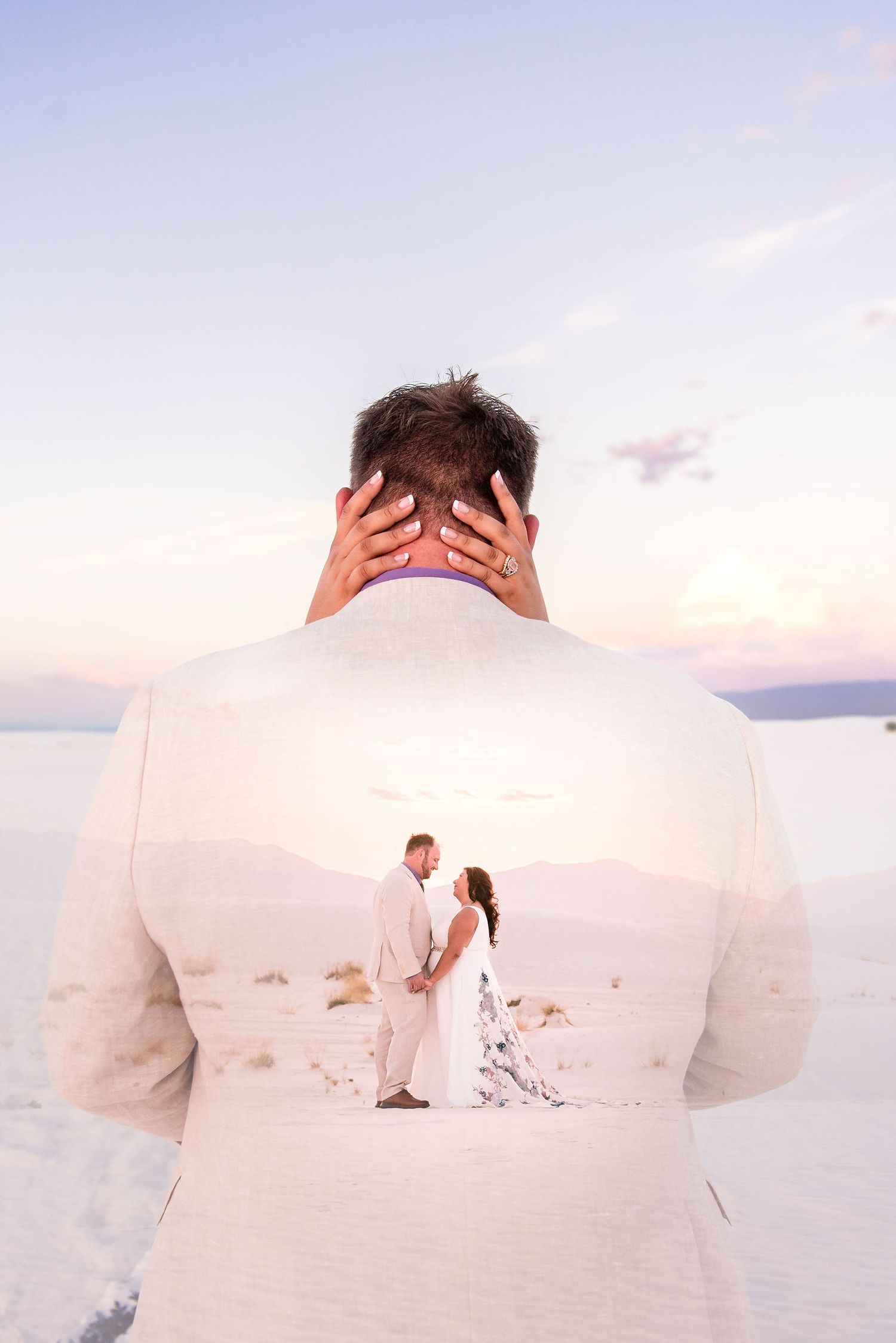 Double exposure wedding photo of groom with couple embracing at White Sands desert at sunset.