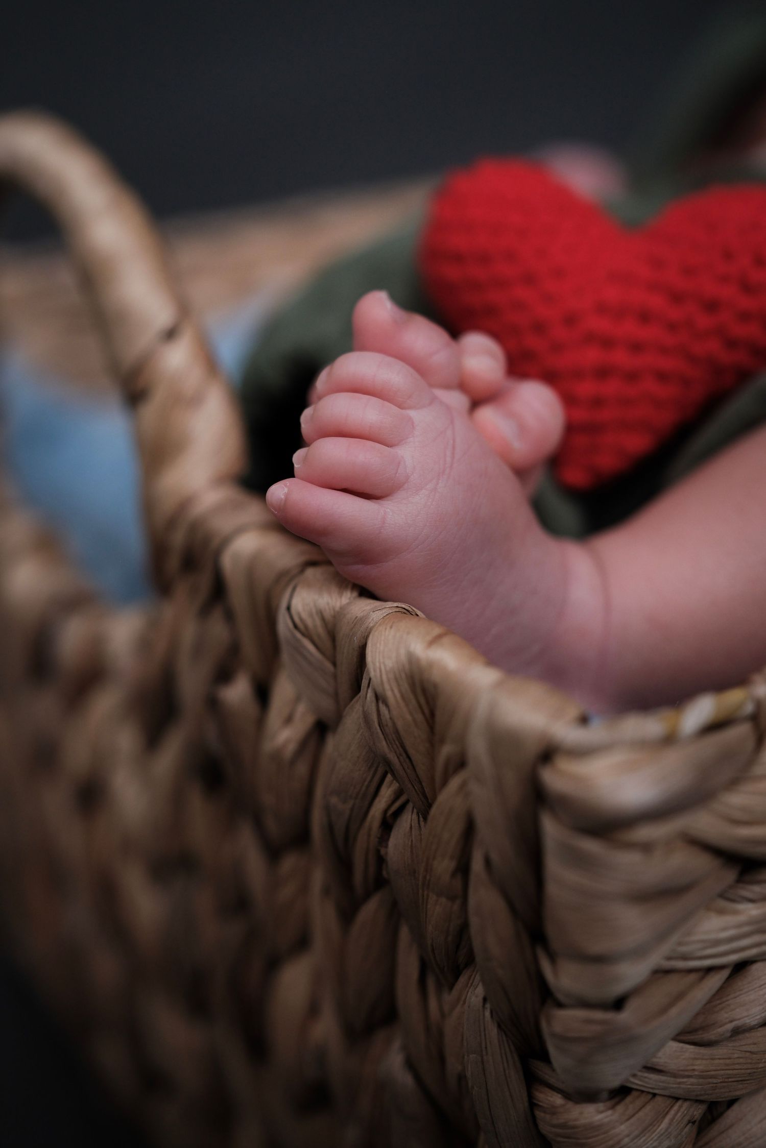 Close-up of tiny baby feet and hands resting in woven basket with red knit blanket.