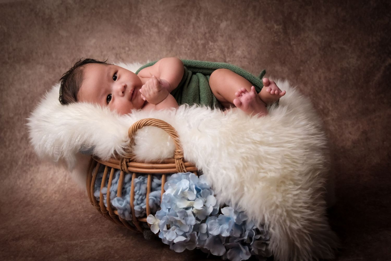 Professional newborn portraits on white fur with blue and natural props.
