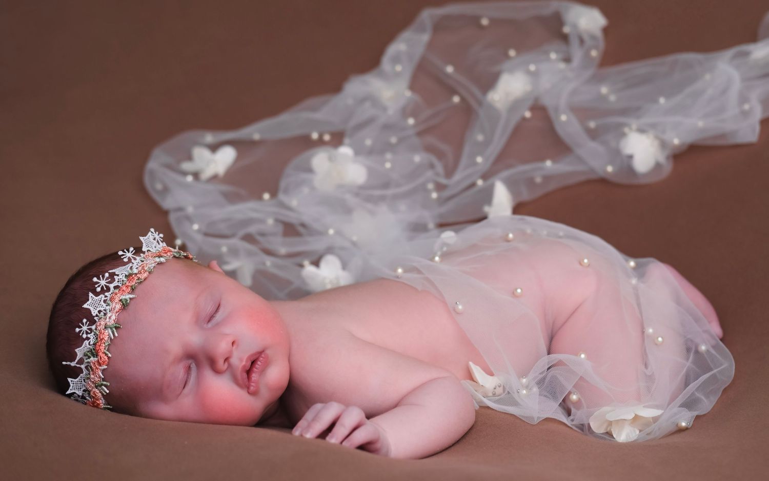 Sleeping newborn wearing crystal crown draped in delicate white tulle fabric.