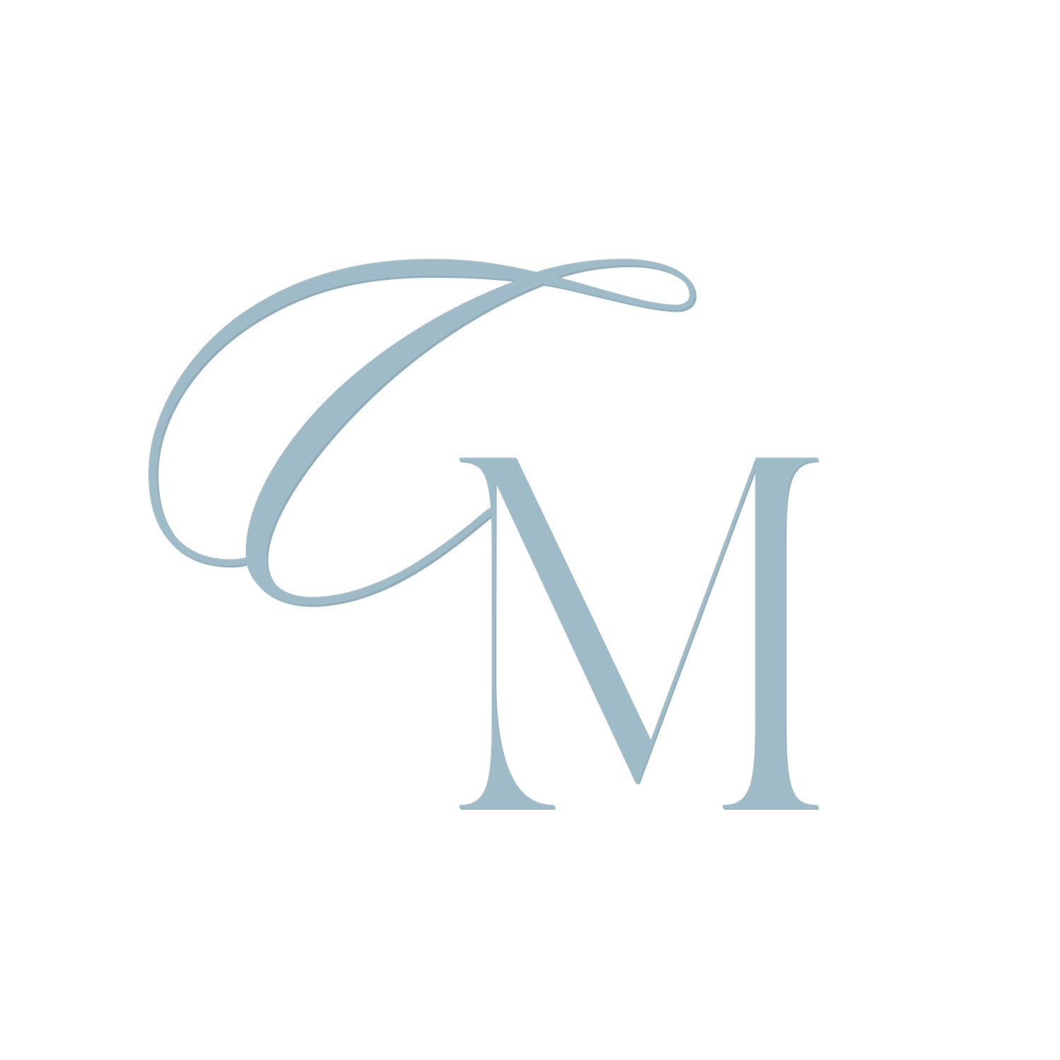 Elegant CM monogram logo in soft blue-gray tones featuring a decorative script C and serif M lettermark.
