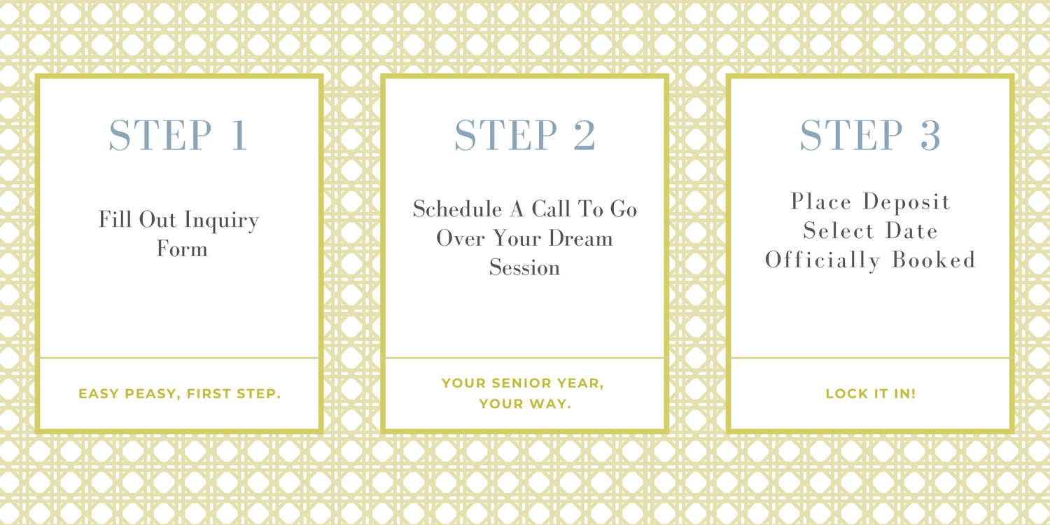 Three-step booking process cards showing inquiry form, dream session call scheduling, and deposit placement steps.