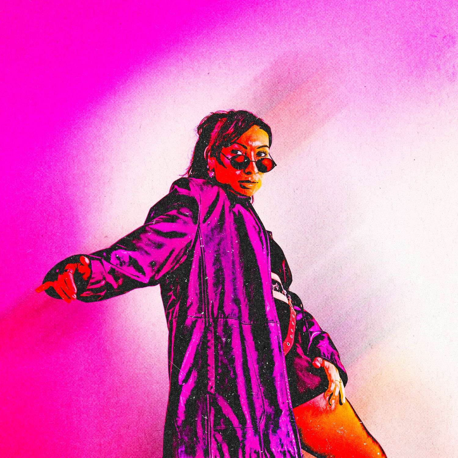 Figure in purple coat strikes dynamic poses against vibrant pink backdrop in artistic fashion photo series.