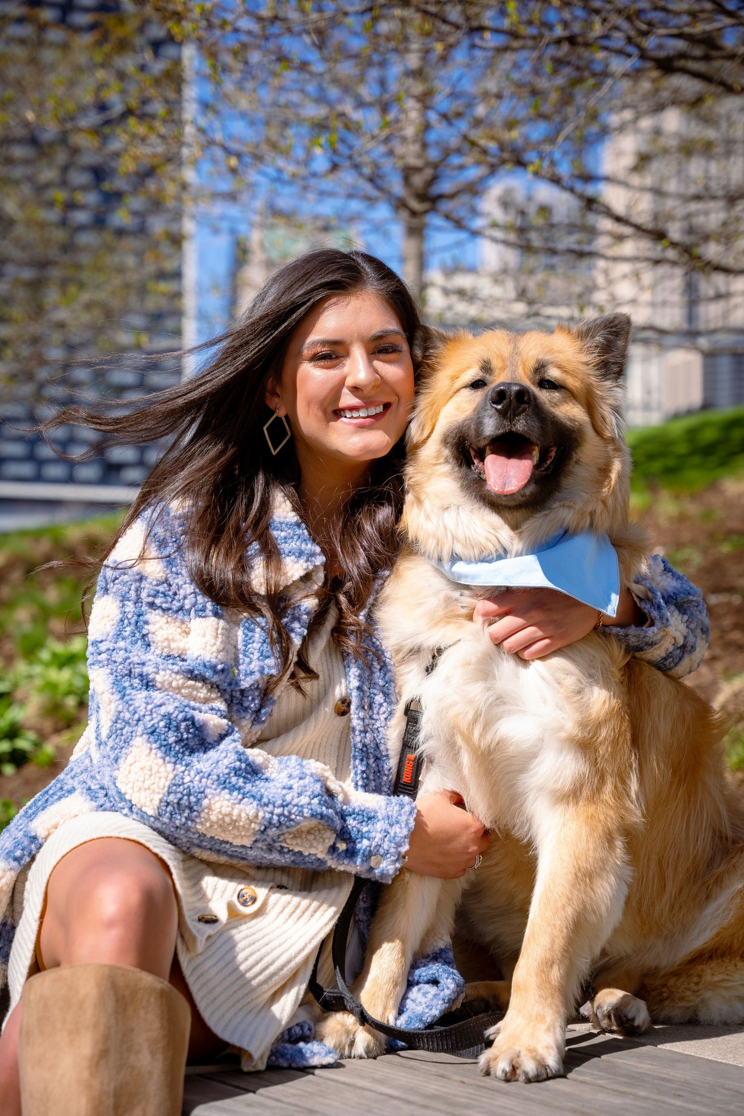 Happy Pomeranian dog enjoying outdoor photoshoot with city backdrop.