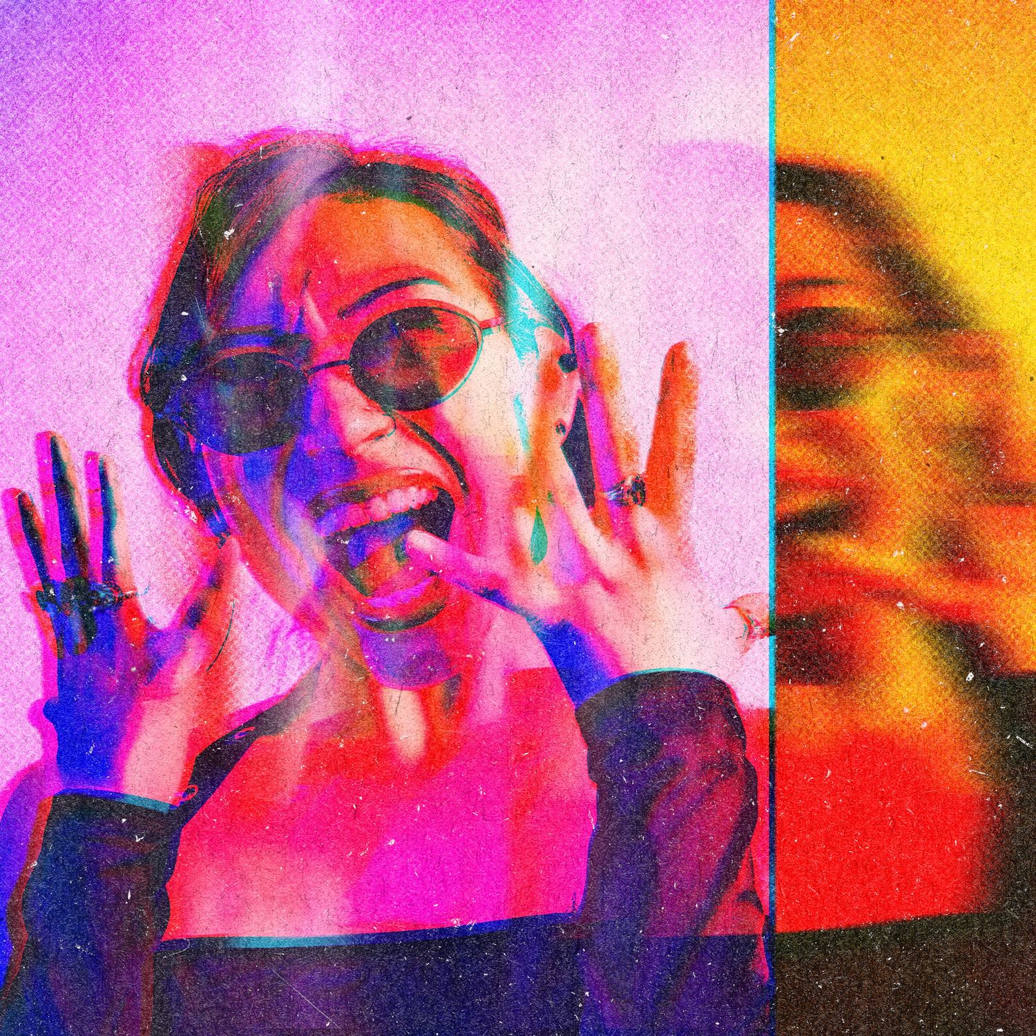 Artistic photo collage with vibrant pink and orange gradient effects showing silhouettes in an abstract style.