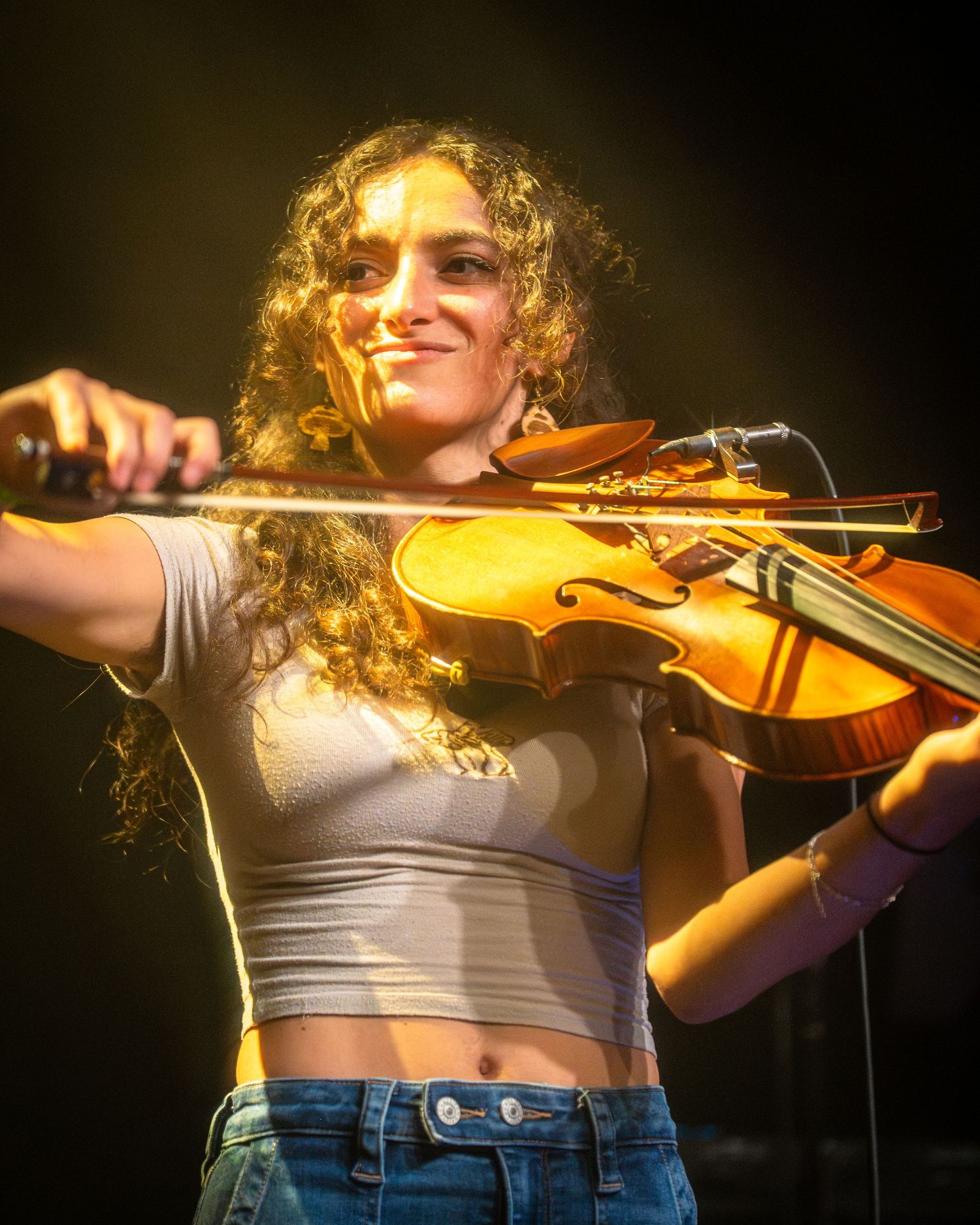 Musician playing violin on stage illuminated by warm golden spotlights.
