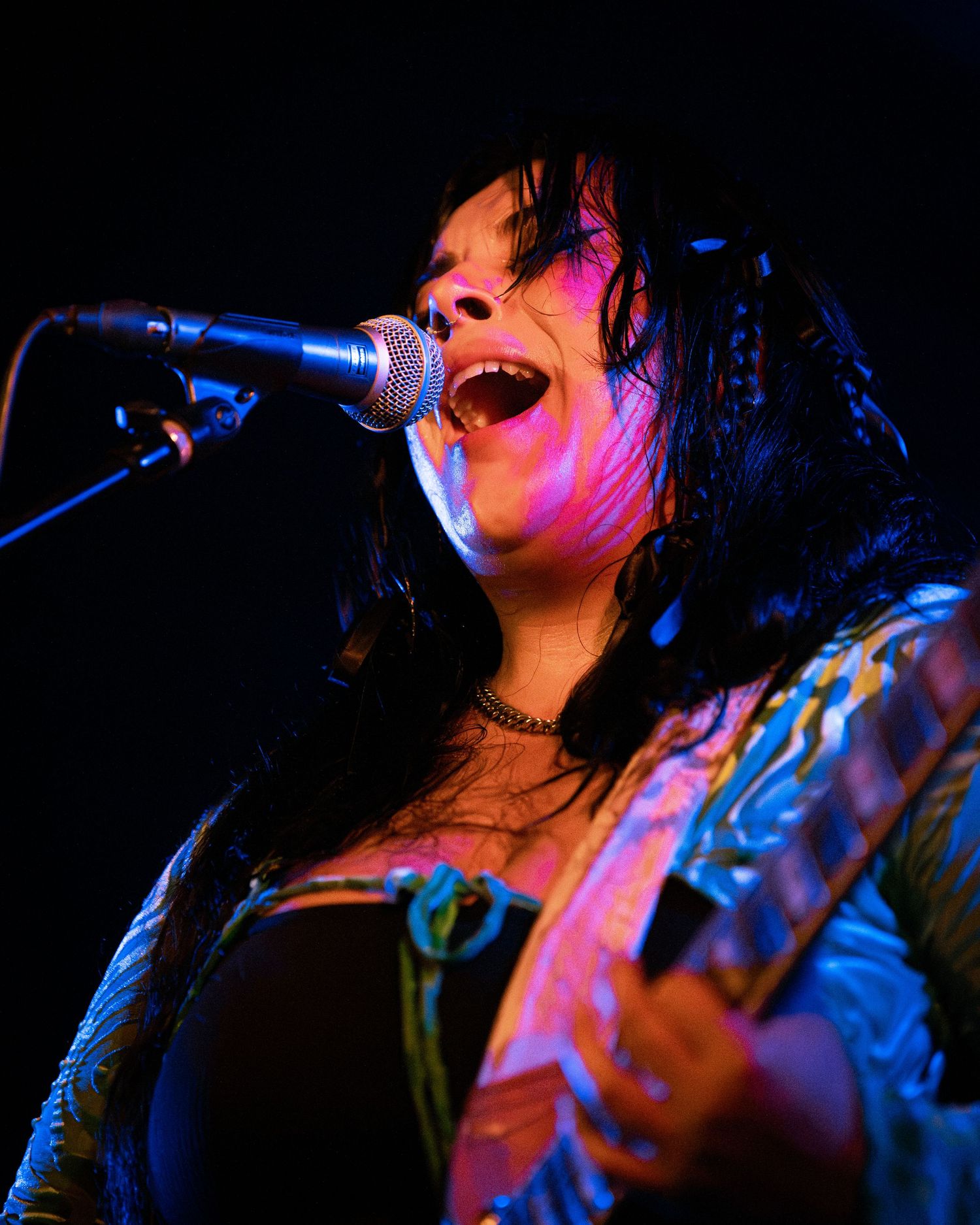 Rock musician performs passionately with guitar under vibrant blue and red stage lighting.