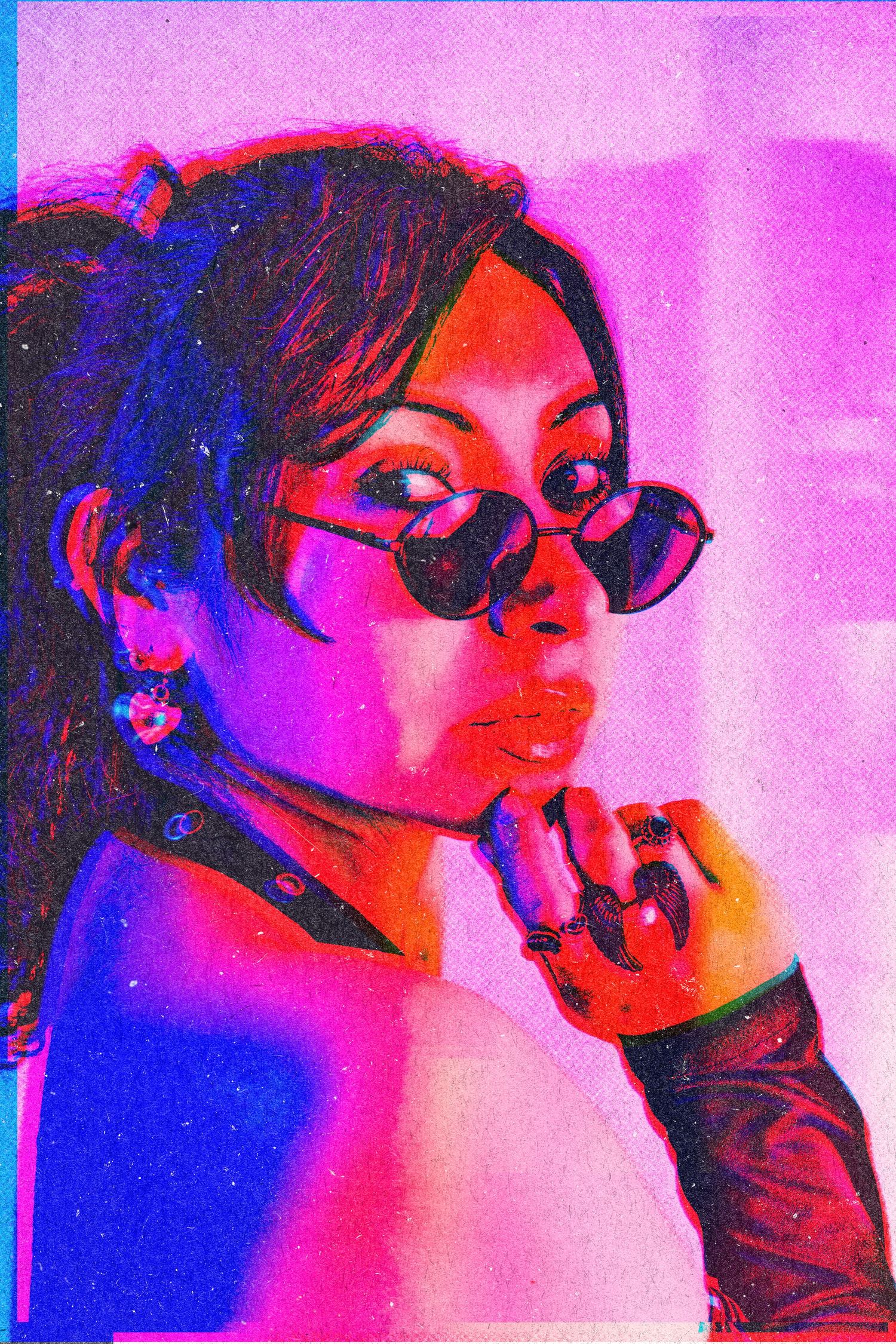 Person wearing sunglasses in vibrant pink and blue lighting creating a dreamy aesthetic effect.