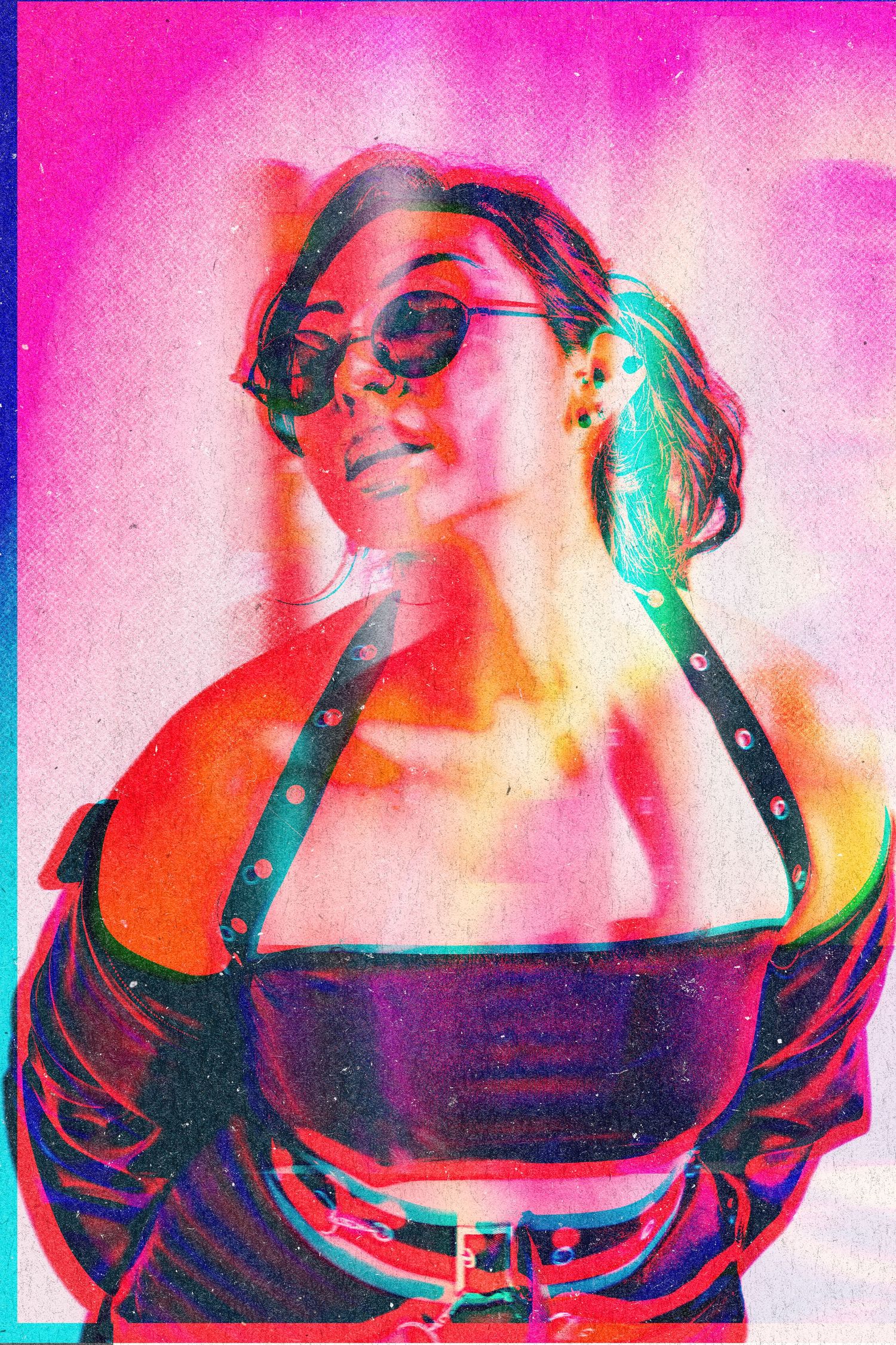 Artistic portrait with vibrant pink and teal lighting effects showing figure in sunglasses and dark off-shoulder top.