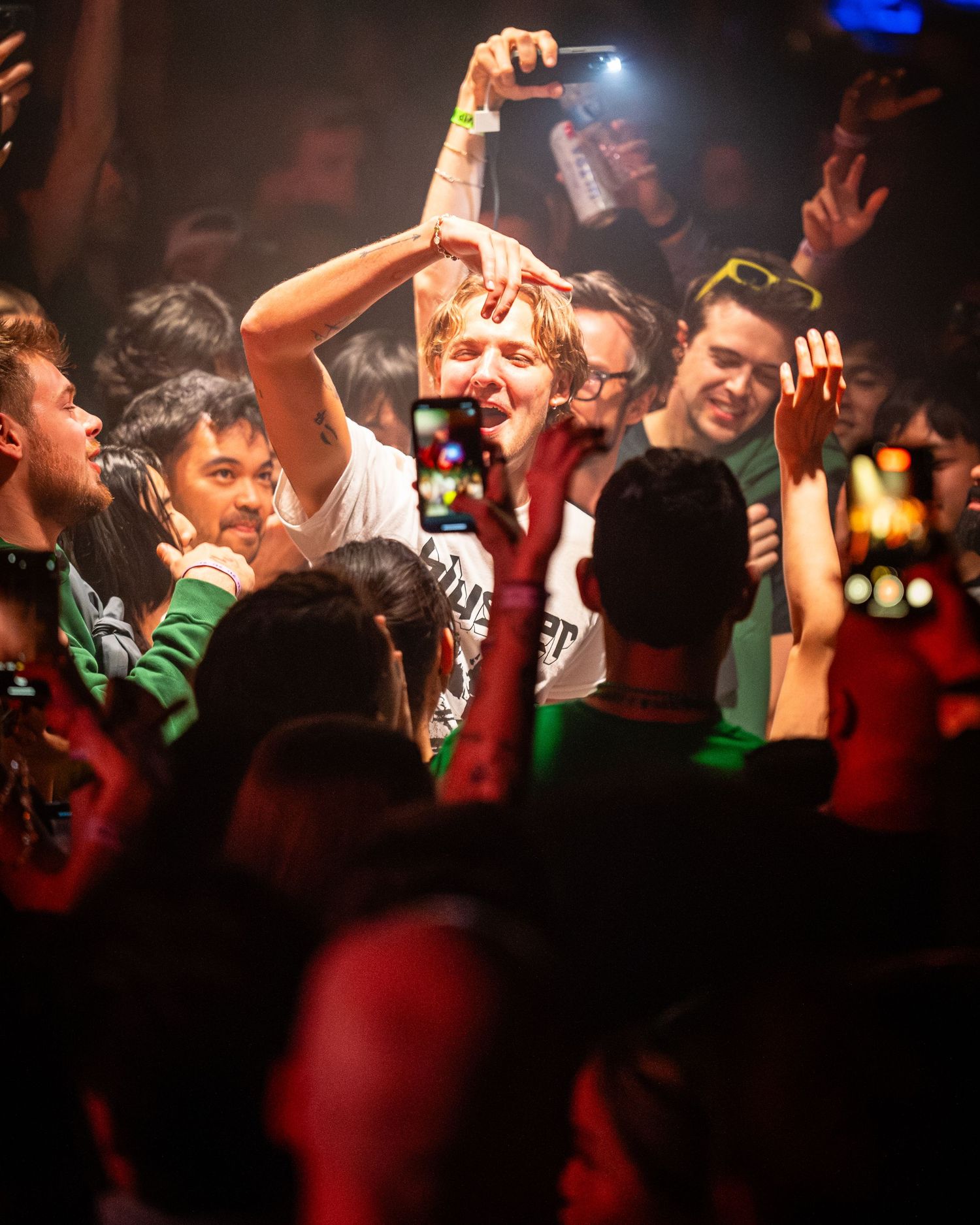 Enthusiastic crowd at music concert with hands raised during performance.