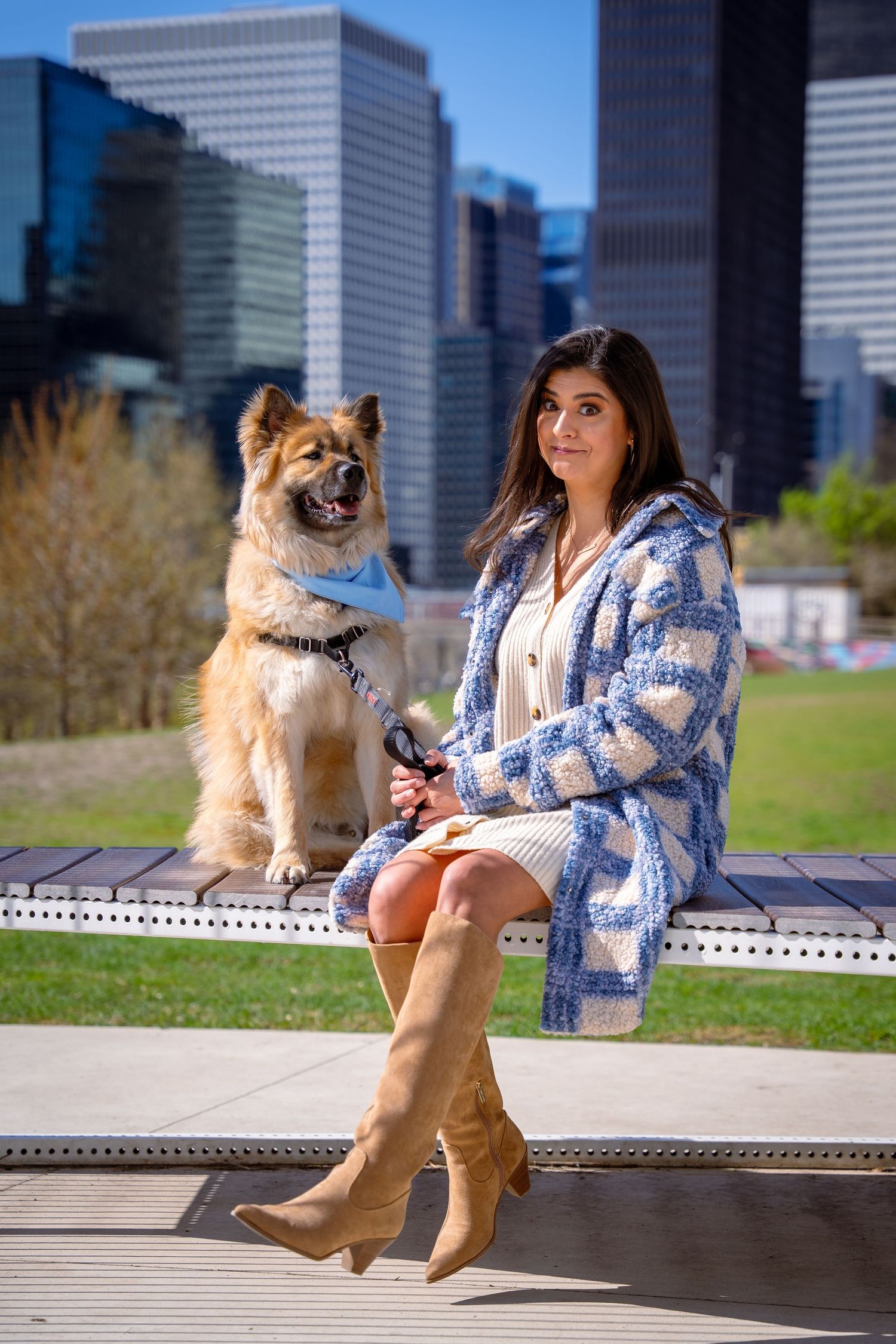 A small dog and person sit on concrete steps against an urban skyline backdrop.
