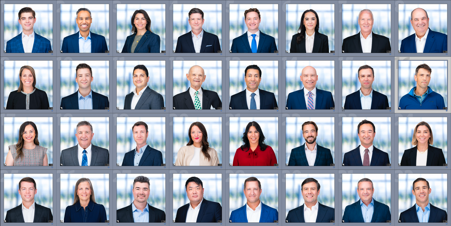 Collection of corporate headshots arranged in a grid pattern showing team members in professional attire.