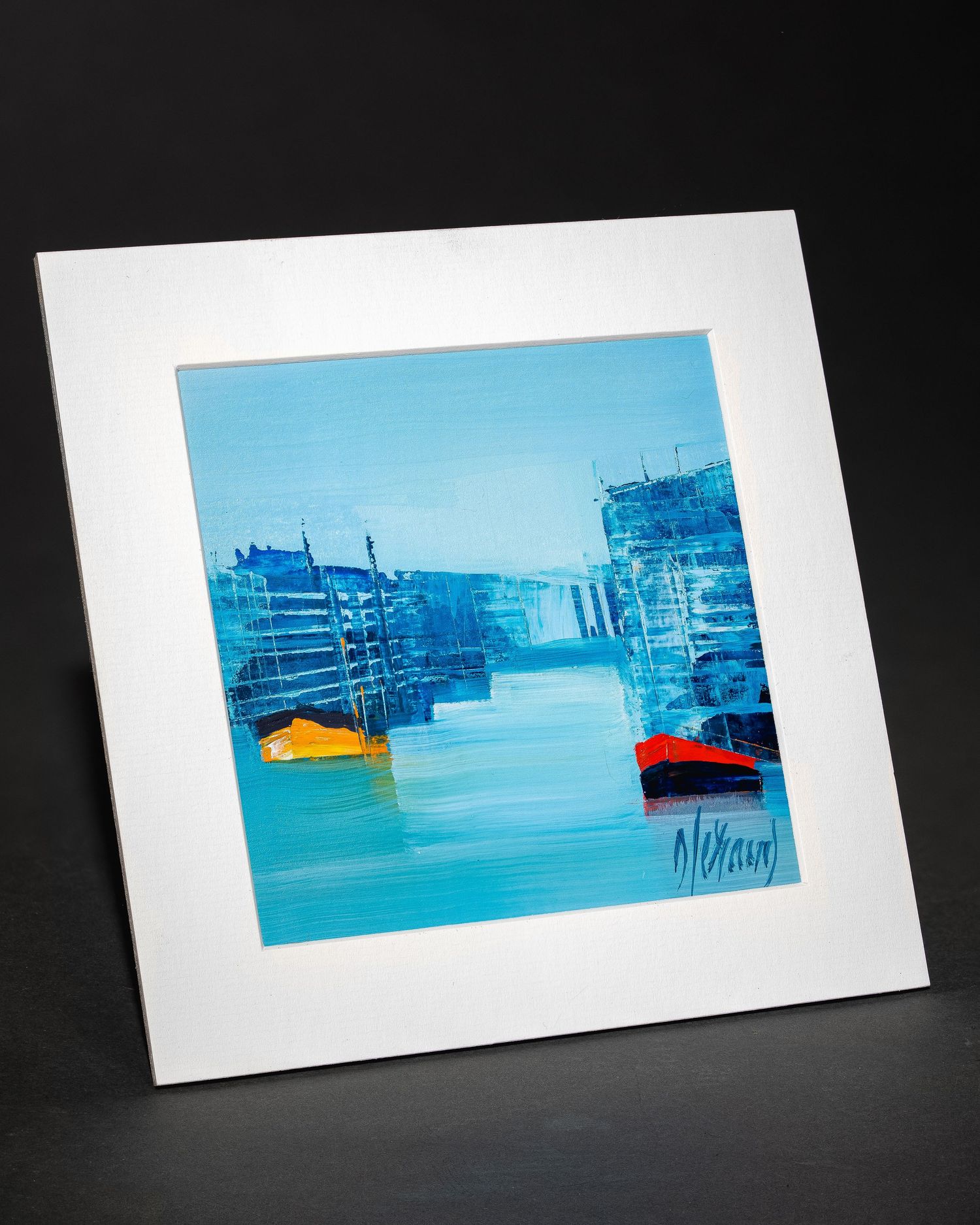 Five artistic prints showing a minimalist harbor scene in blue tones with red and orange accents arranged horizontally.