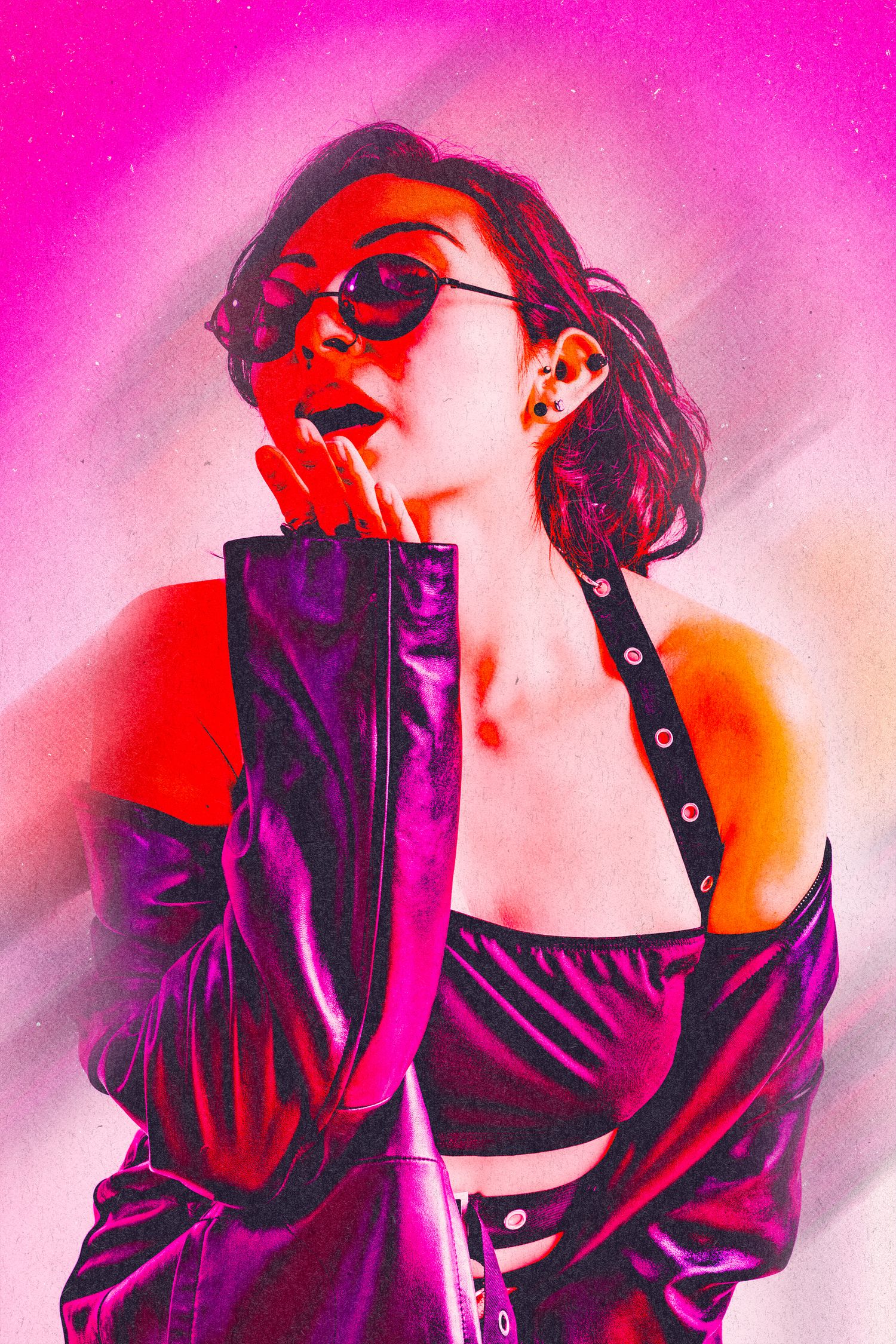 Artistic photo series with vibrant pink and purple lighting showing a person in sunglasses against gradient backgrounds.