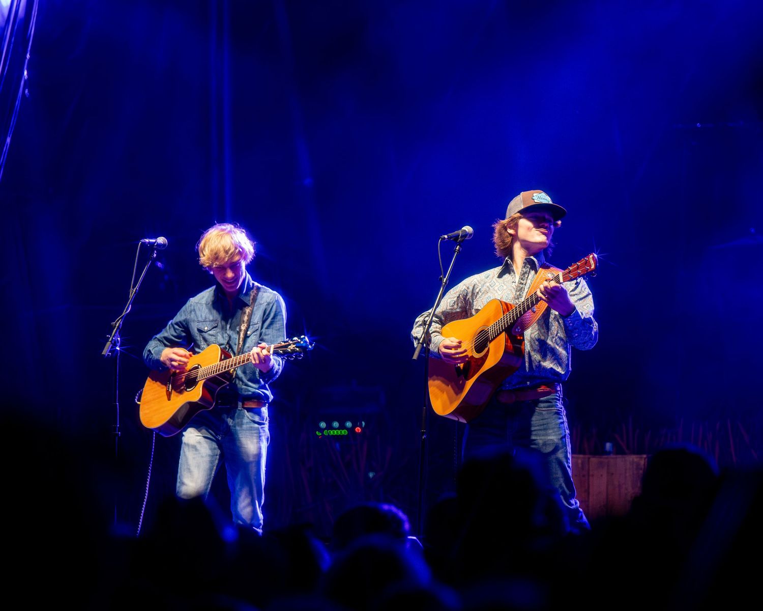 Musicians perform acoustic set on darkened stage with deep blue lighting effects.