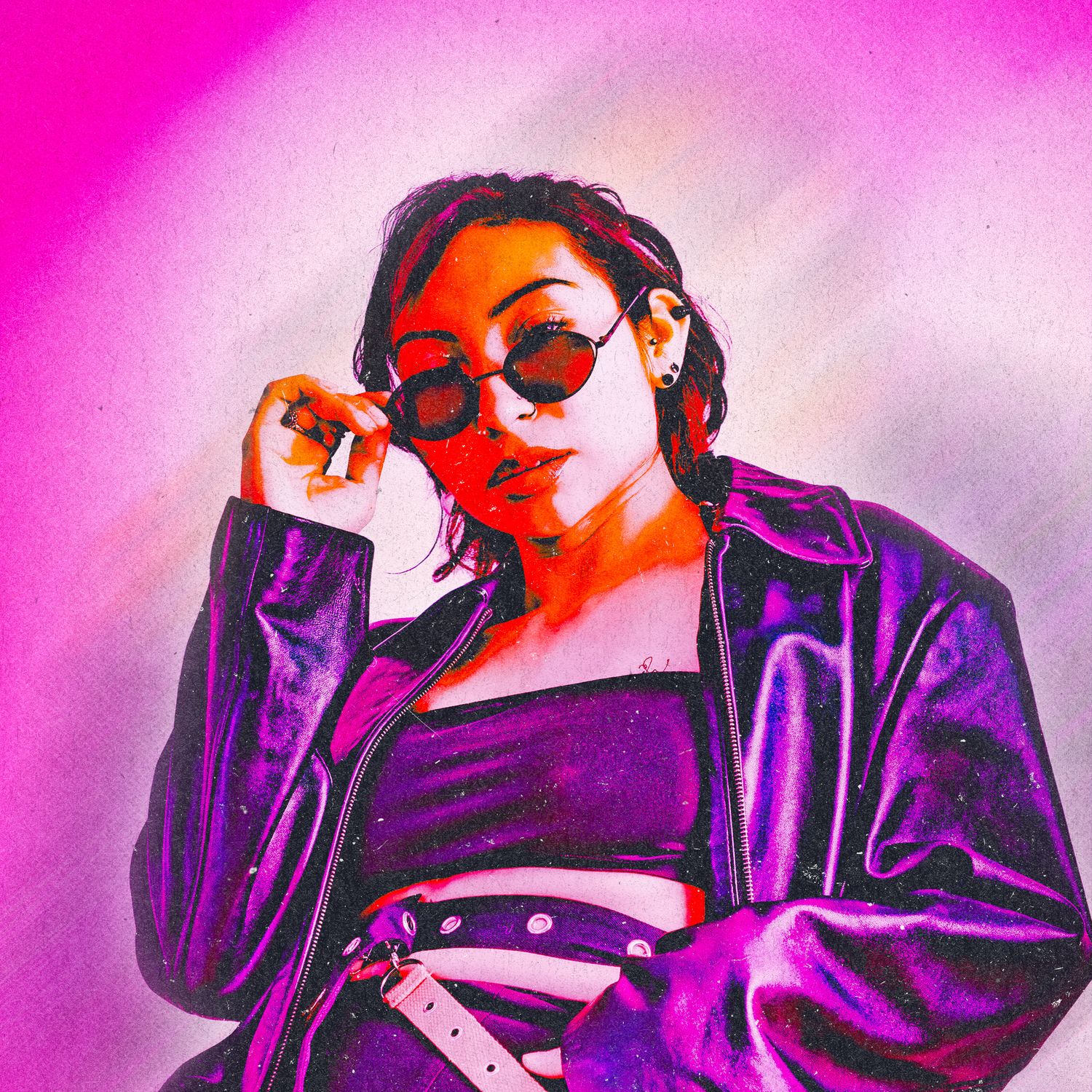 Stylized portrait with vibrant pink background showing figure in purple jacket and sunglasses with bold lighting effects.