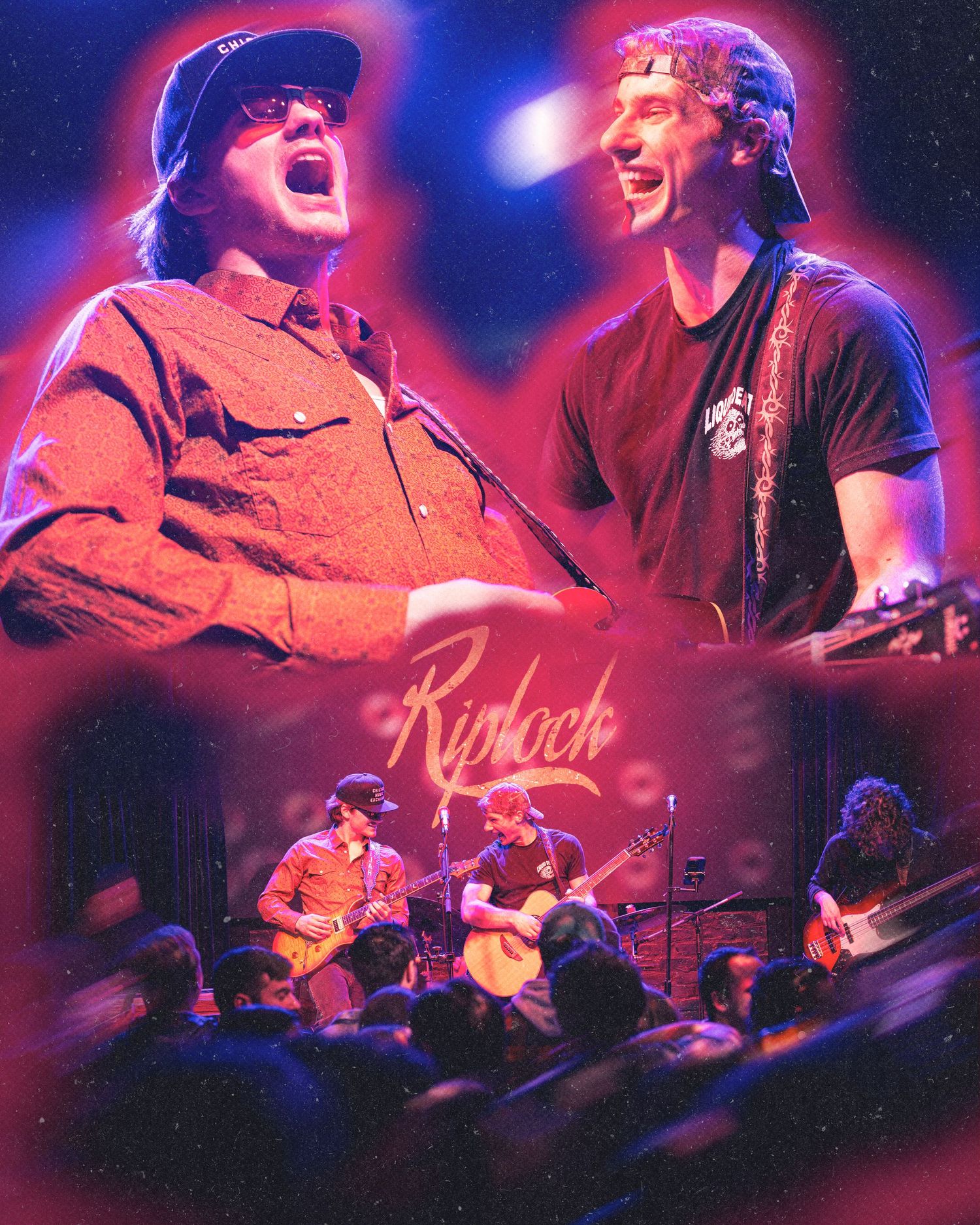 Musicians perform on stage with red and blue lighting effects in a collage-style concert photo composition.