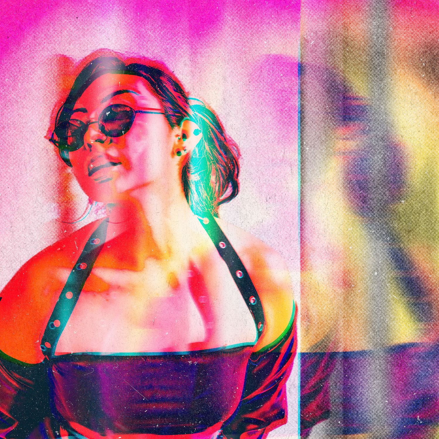 Artistic portrait with neon pink and green lighting effects showing figure in sunglasses against colorful background.