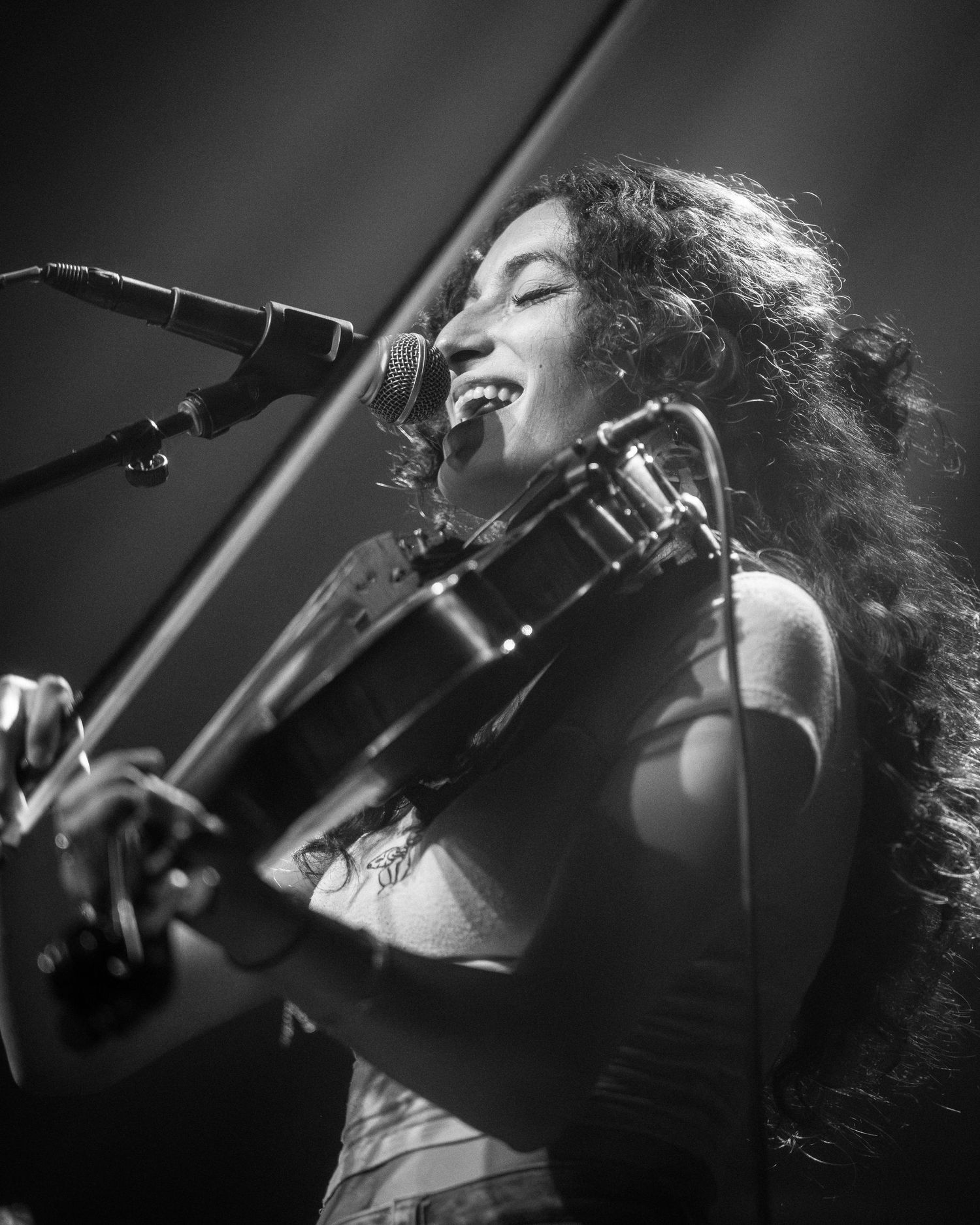 Black and white concert photos capturing intense performance moments under stage lights.