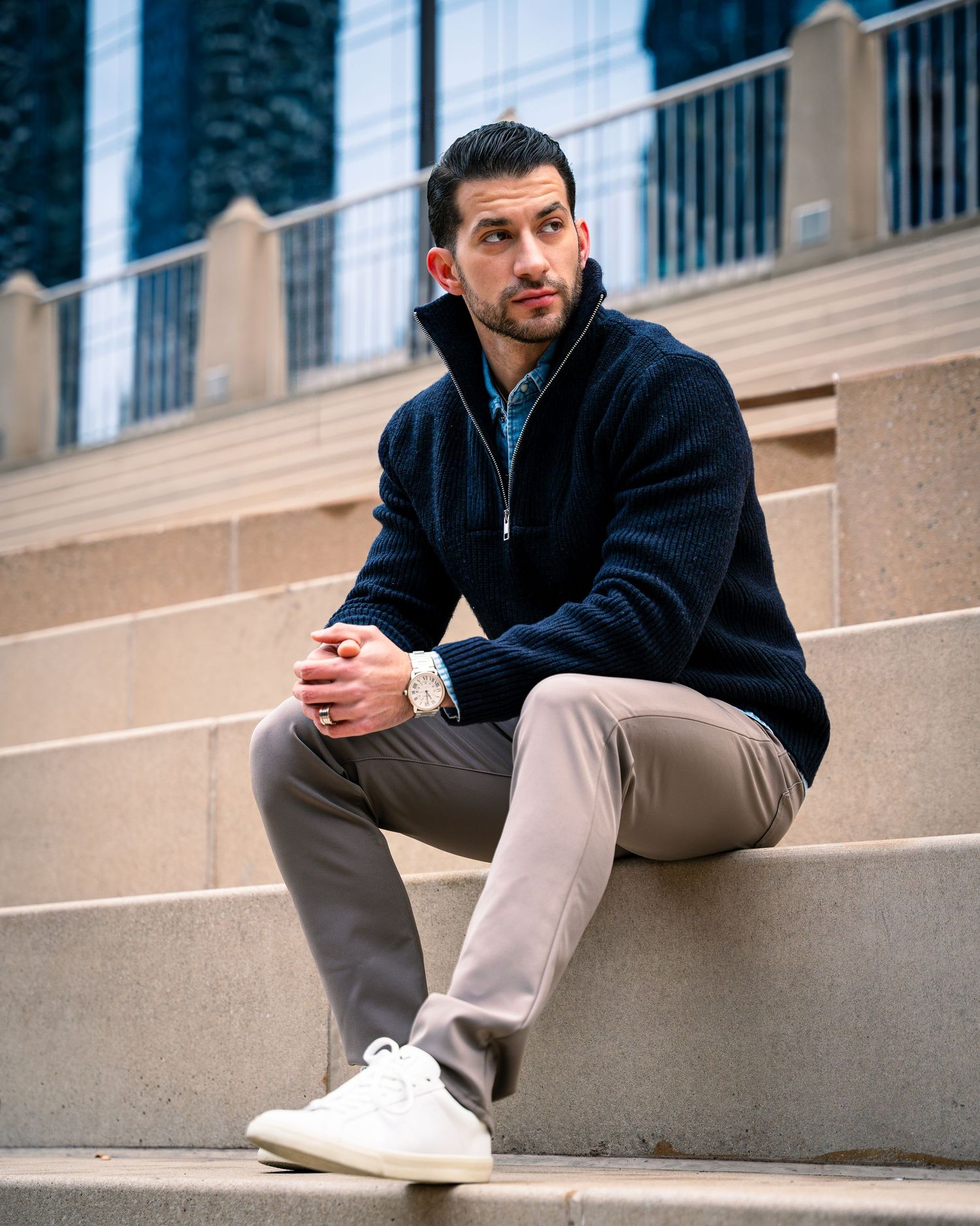 Urban lifestyle photo series showing casual attire on concrete steps.