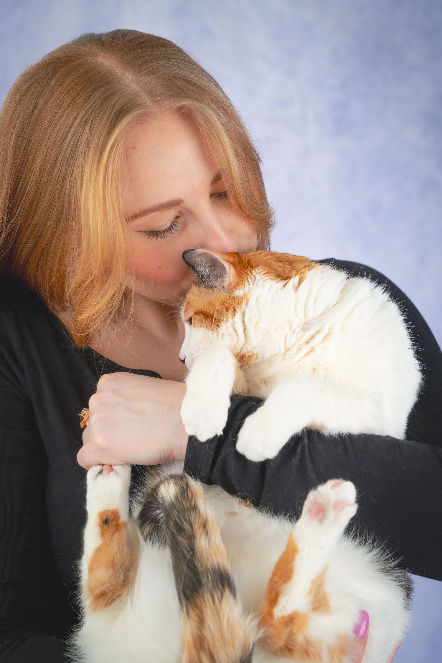 A series of photos showing affectionate moments between a calico cat and someone in a black sweater.