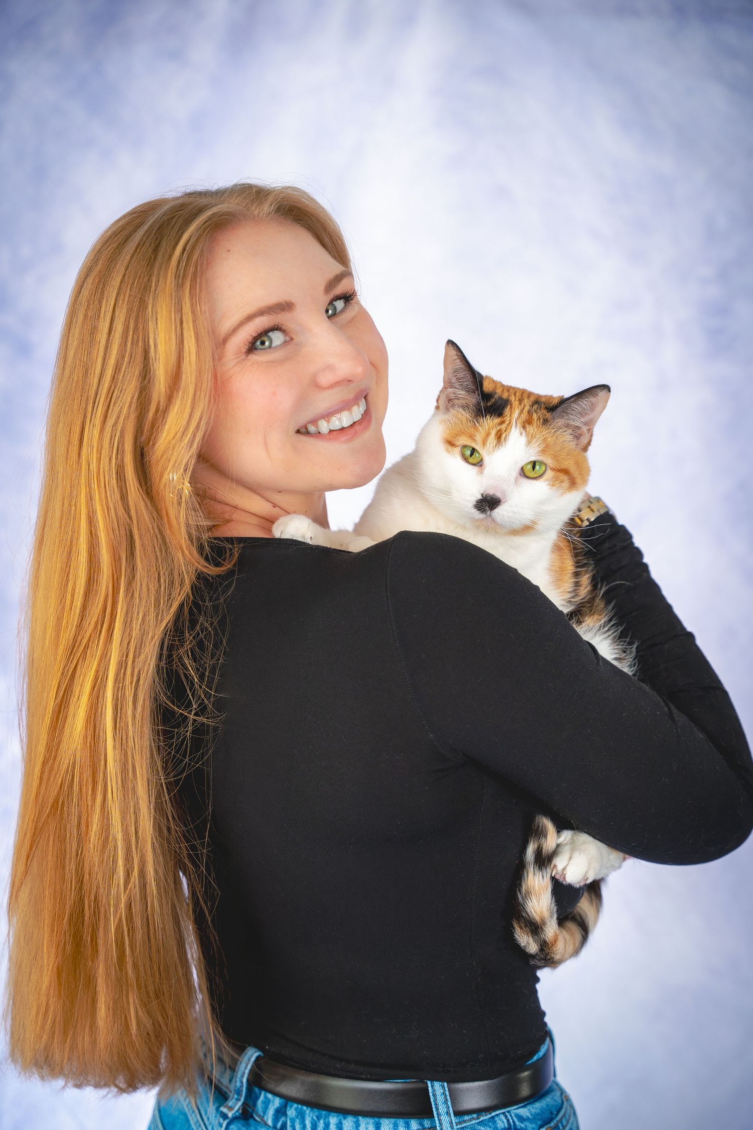 A calico cat peeks over someone's shoulder wearing a black sweater against a blue background.