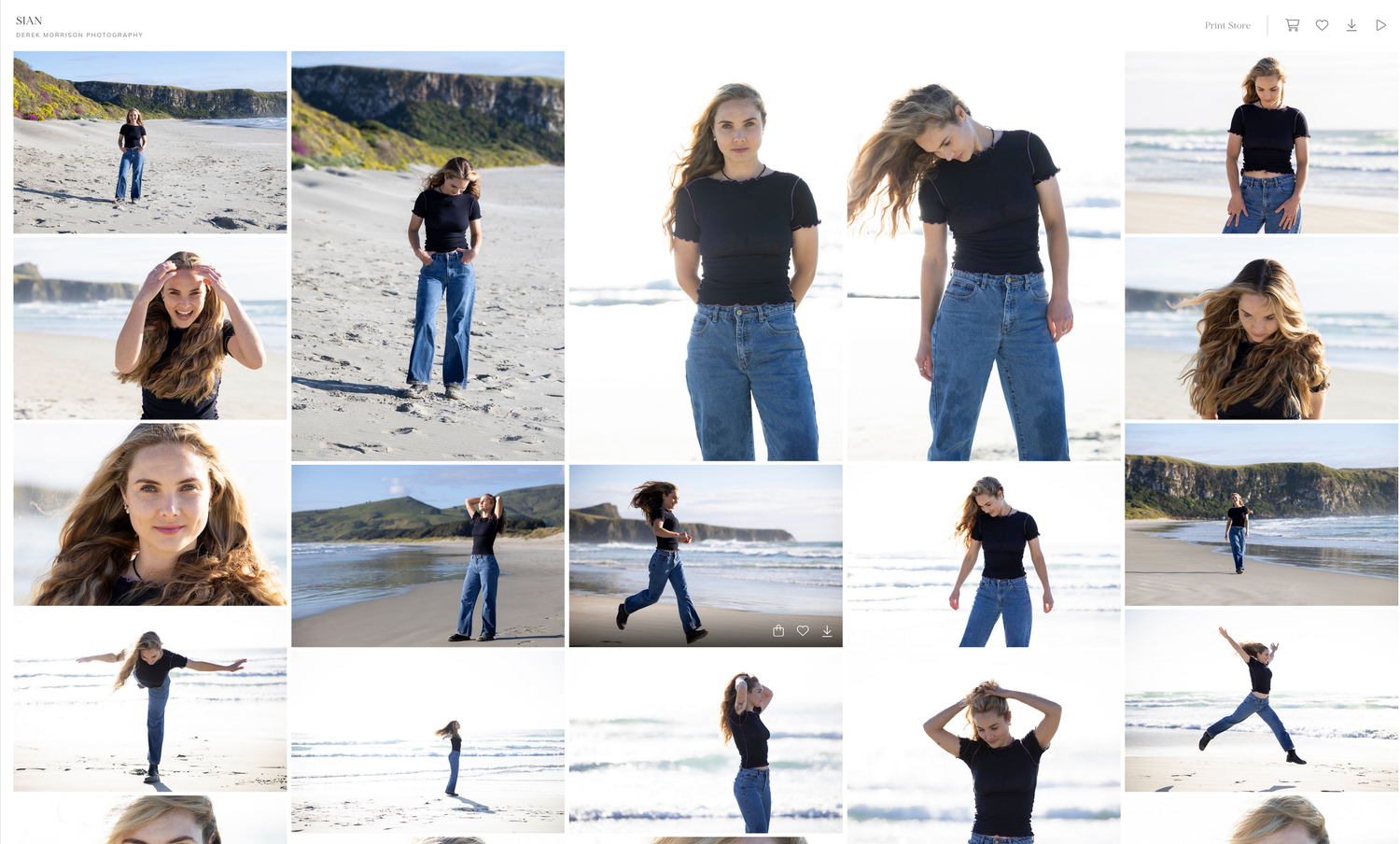 A collection of casual lifestyle photos showing people walking and posing on a sandy beach in jeans and dark tops.