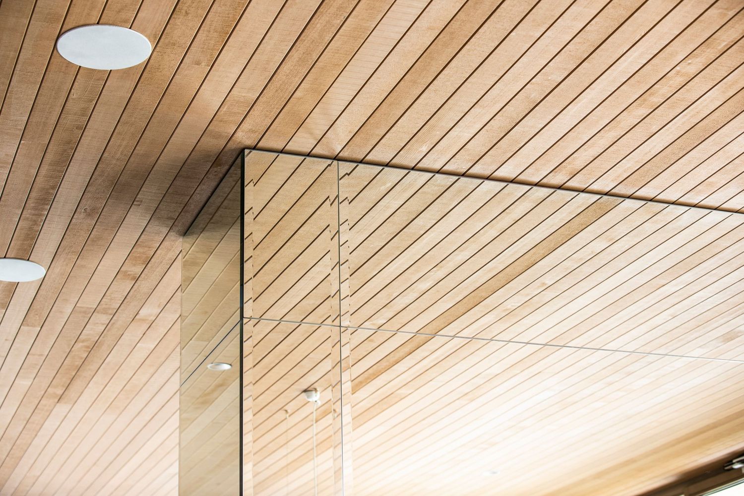 Wooden slatted ceiling with modern recessed lighting in contemporary interior space.