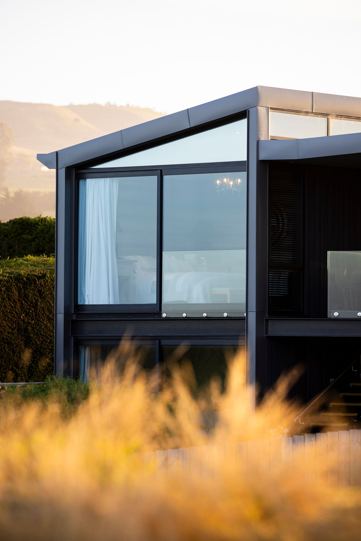 Contemporary glass building with sliding doors captured through golden grass at sunset.