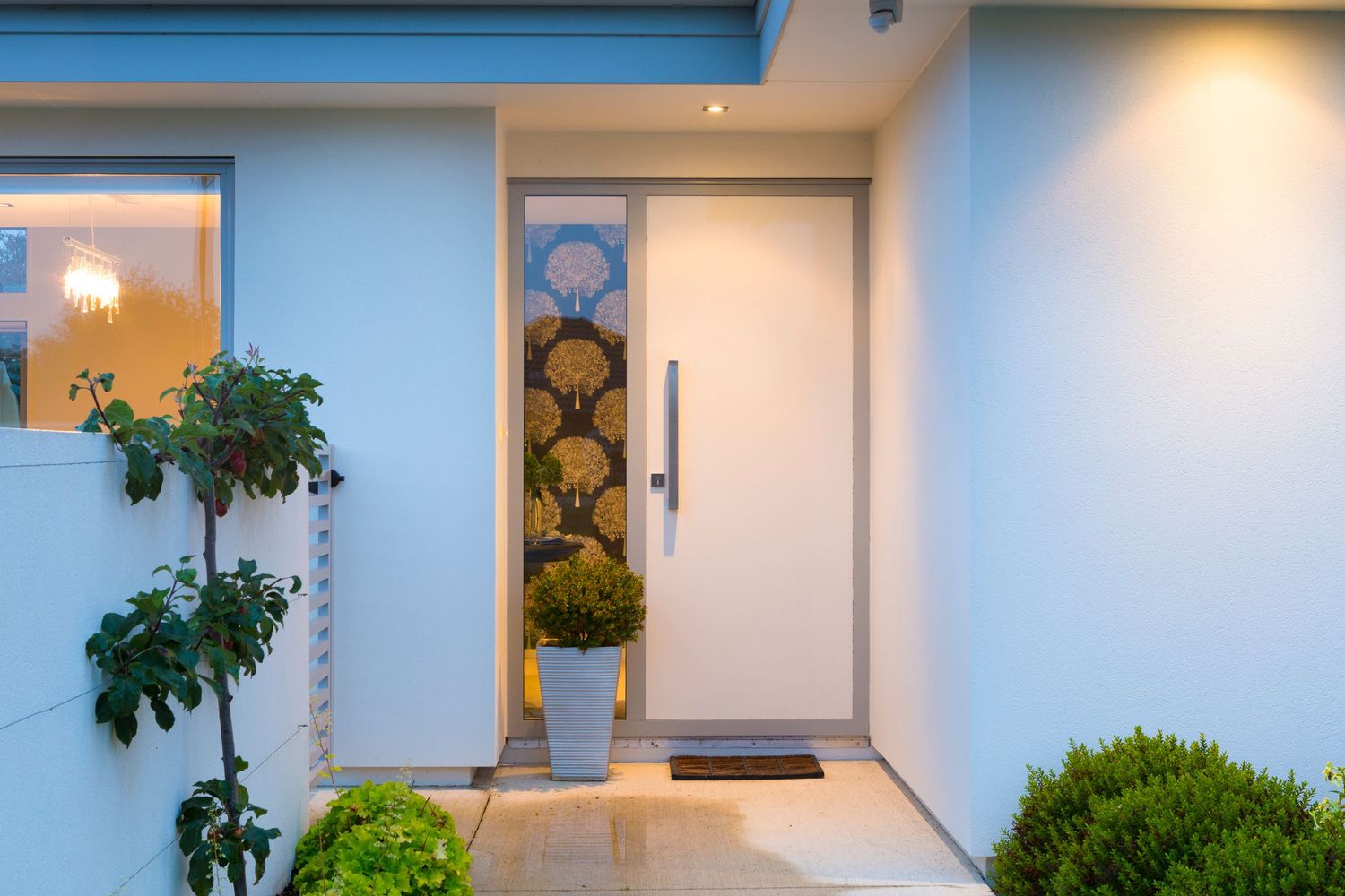Modern apartment entrance with potted plants and decorative circular wall feature.