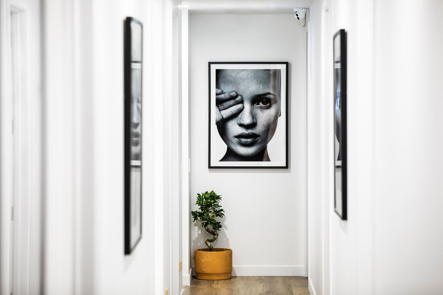 Minimalist white hallway with black framed artwork and potted plant on floor.