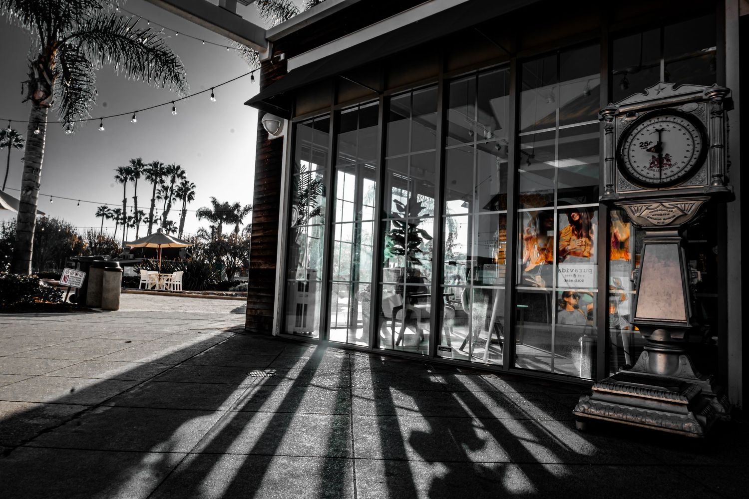 Monochrome storefront scene with strong diagonal shadows from setting sun and palm trees.