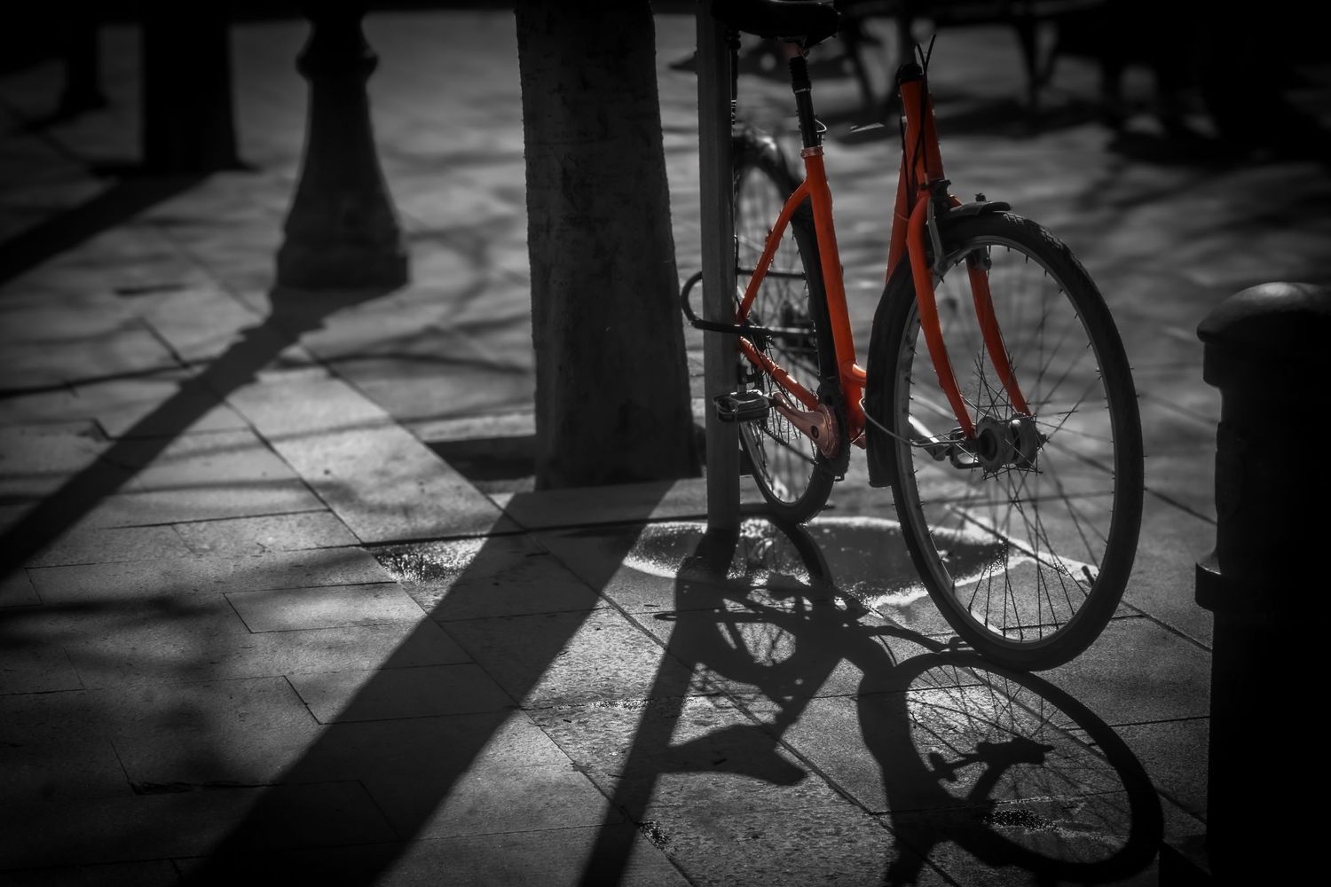 A red bicycle casting dramatic shadows on a paved sidewalk in black and white selective color photography.