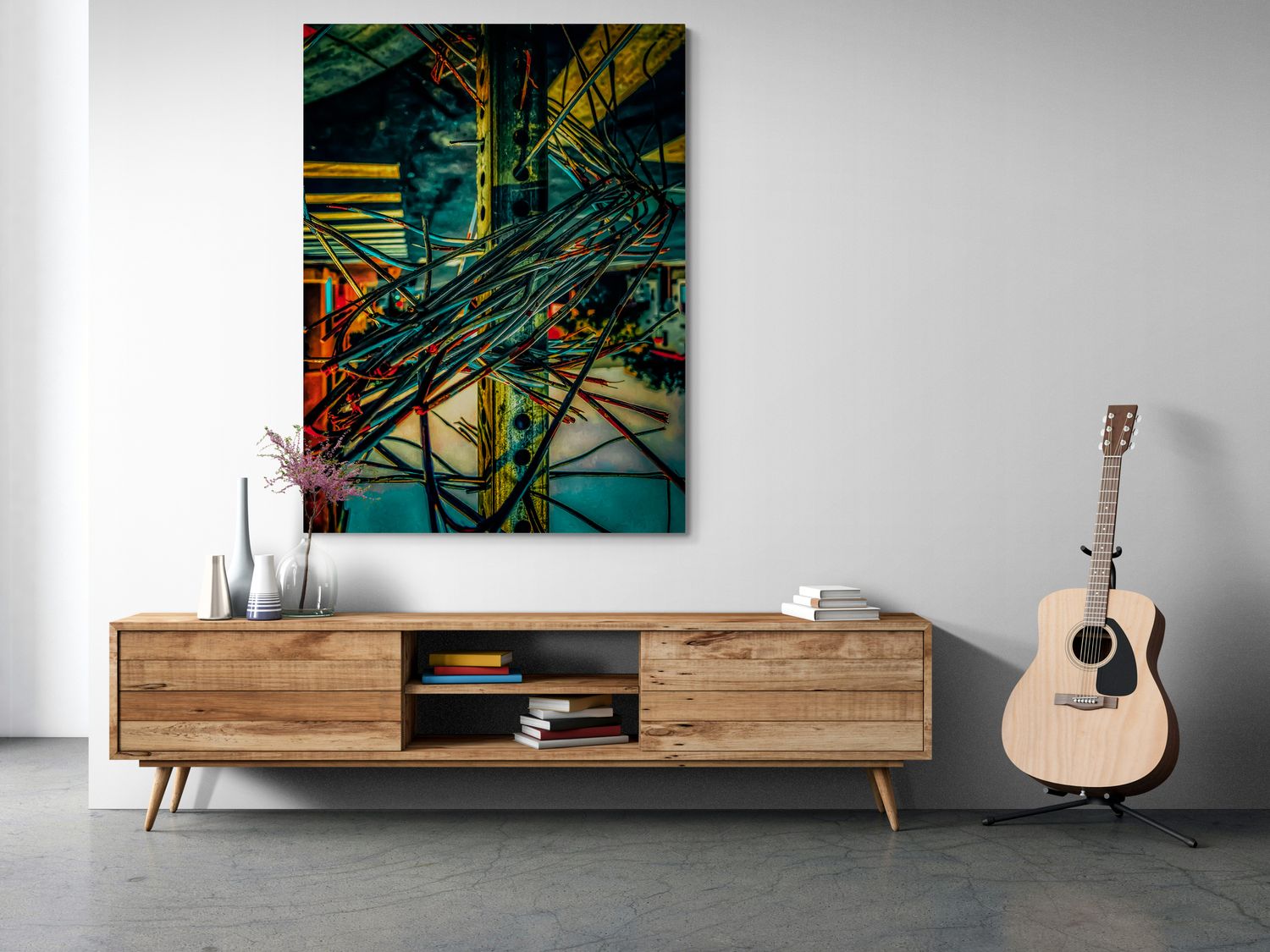 Contemporary living room featuring wooden media console and vibrant abstract wall art.