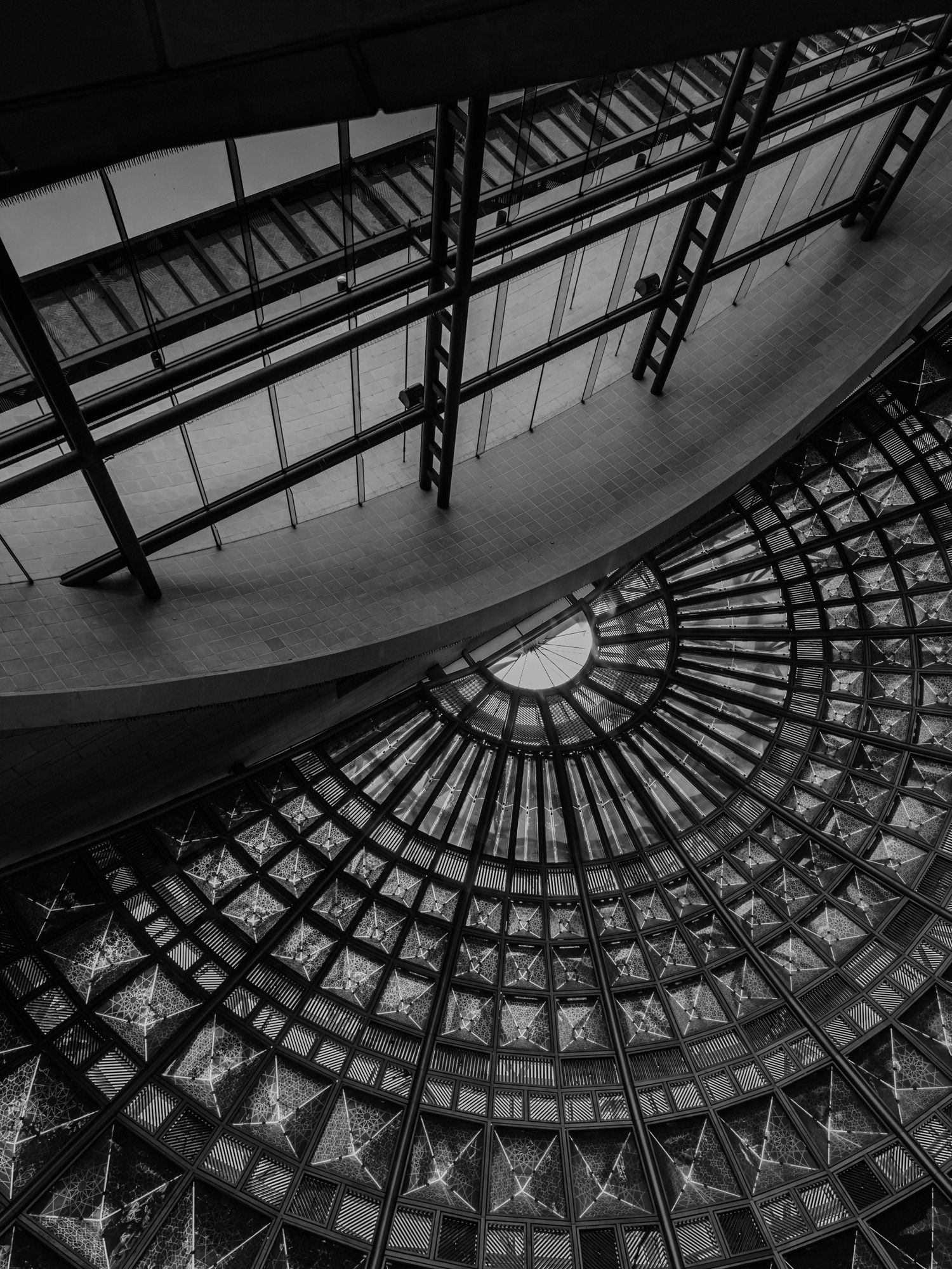 Geometric black and white architectural detail of dome ceiling with radiating pattern.