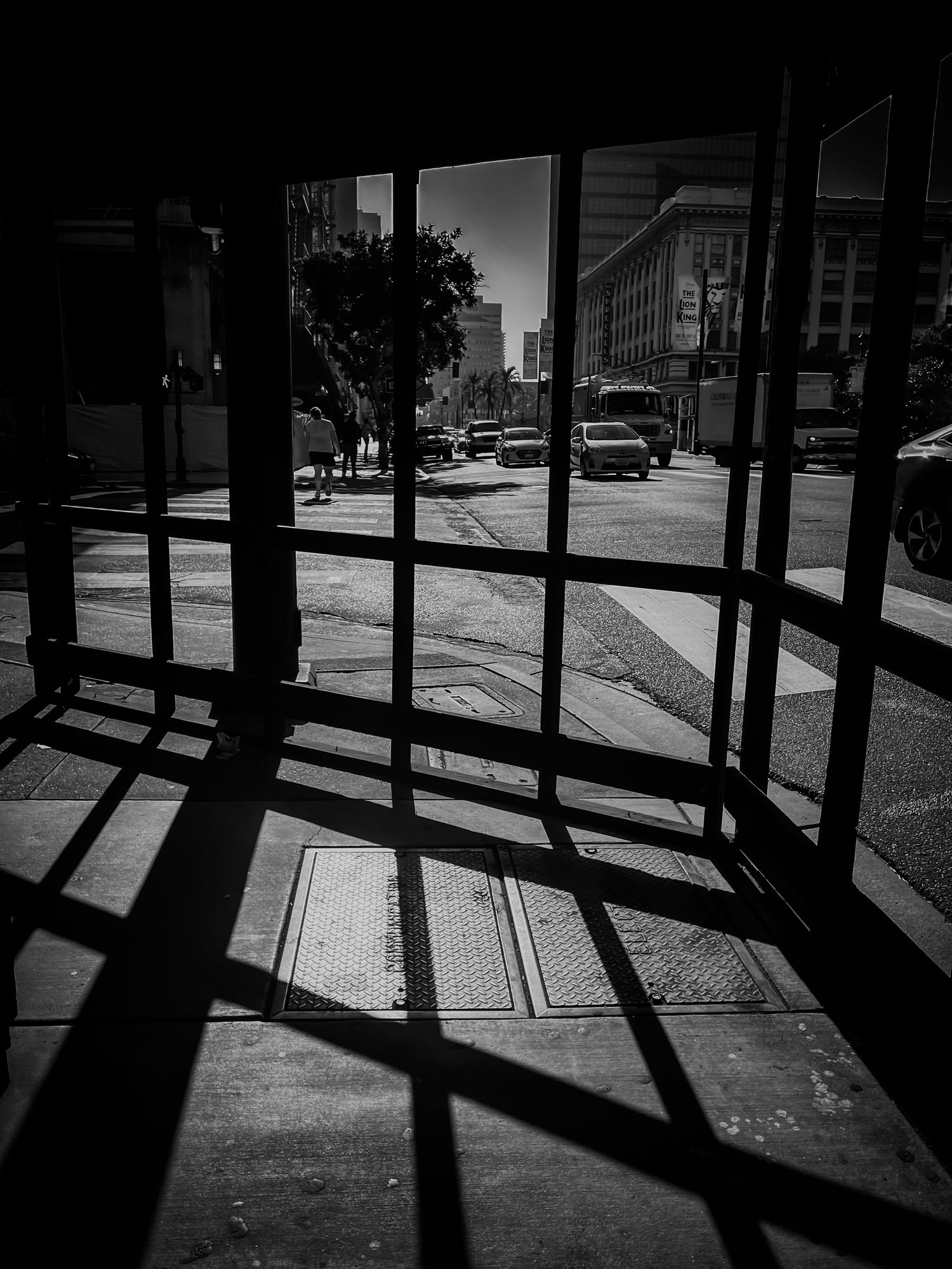 Bus shelter casting dramatic parallel shadows on city sidewalk in black and white.