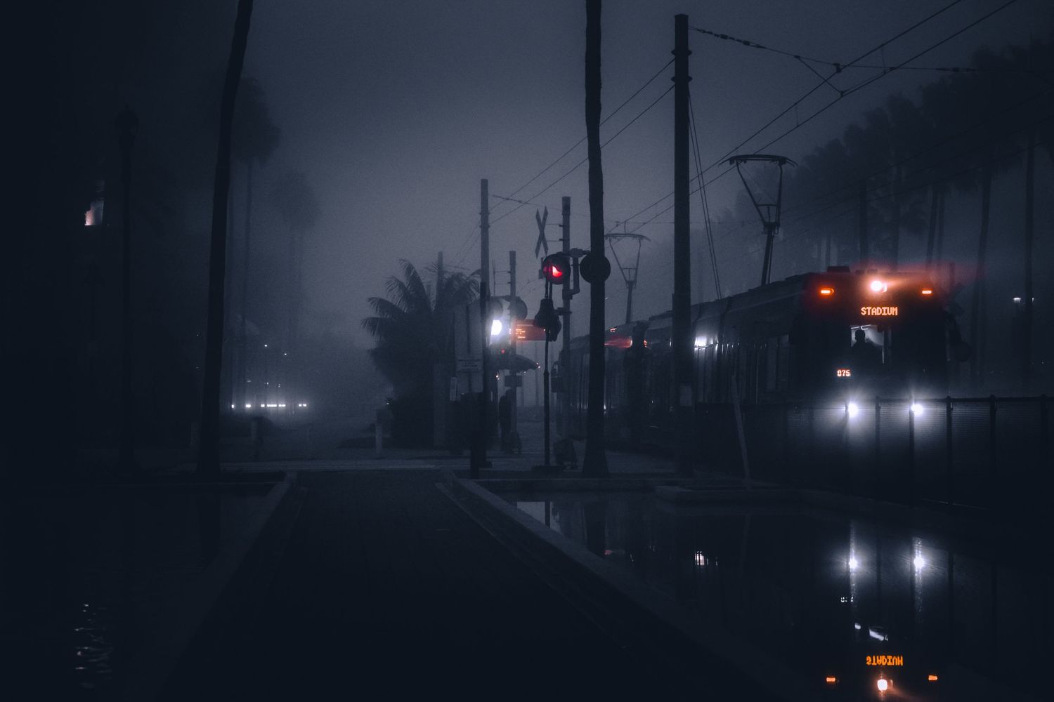 Moody nighttime cityscape with glowing red and white lights reflecting off wet streets in foggy conditions.