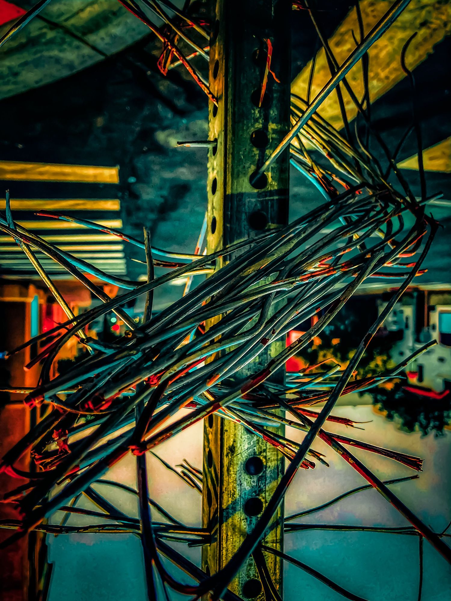 Abstract architectural detail with intersecting metal beams in vibrant green and yellow tones.