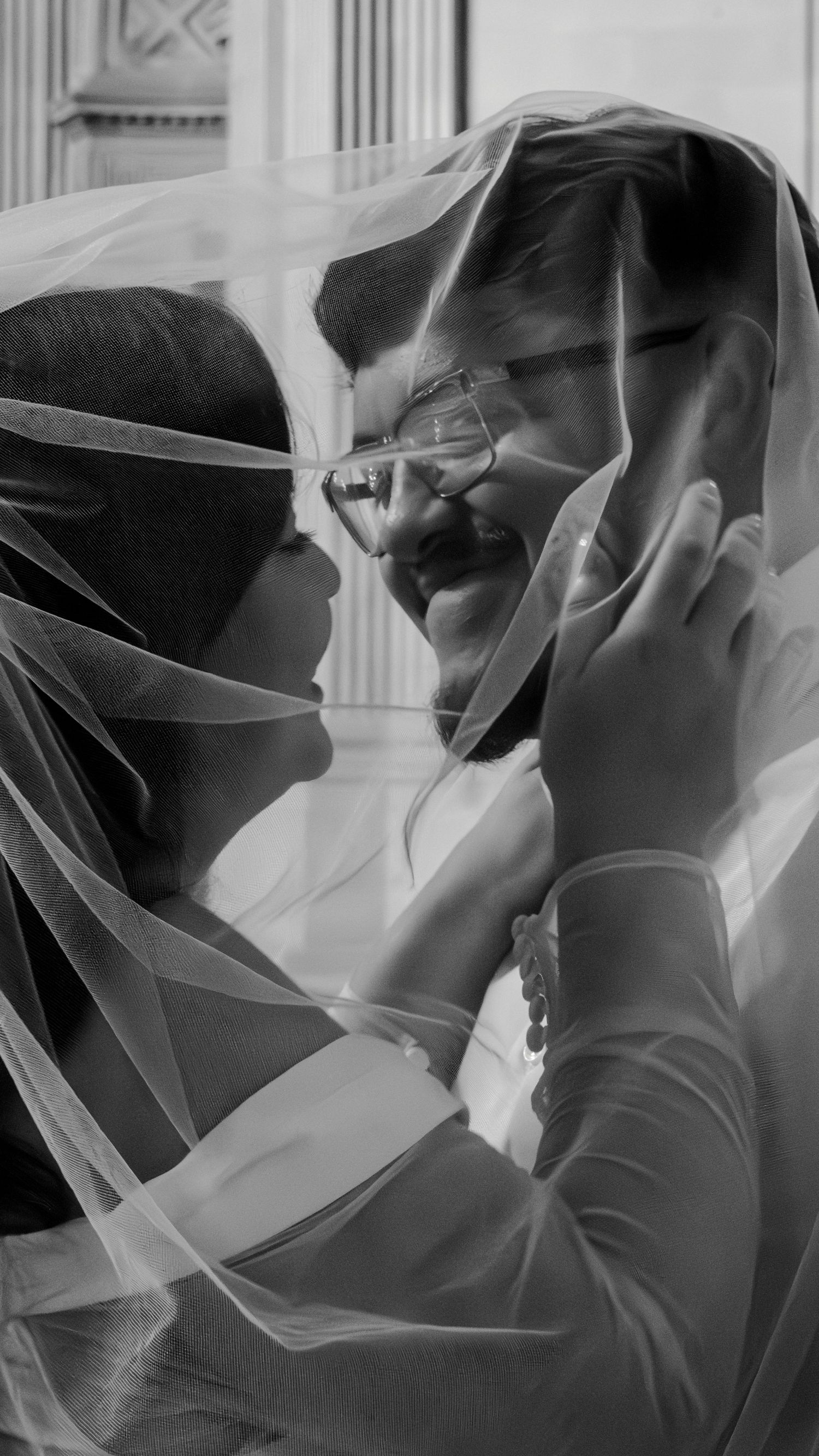 Bride and groom veil moment, black and white wedding portrait, Jolie & Rae Photography California in a a heirloom booked wedding event