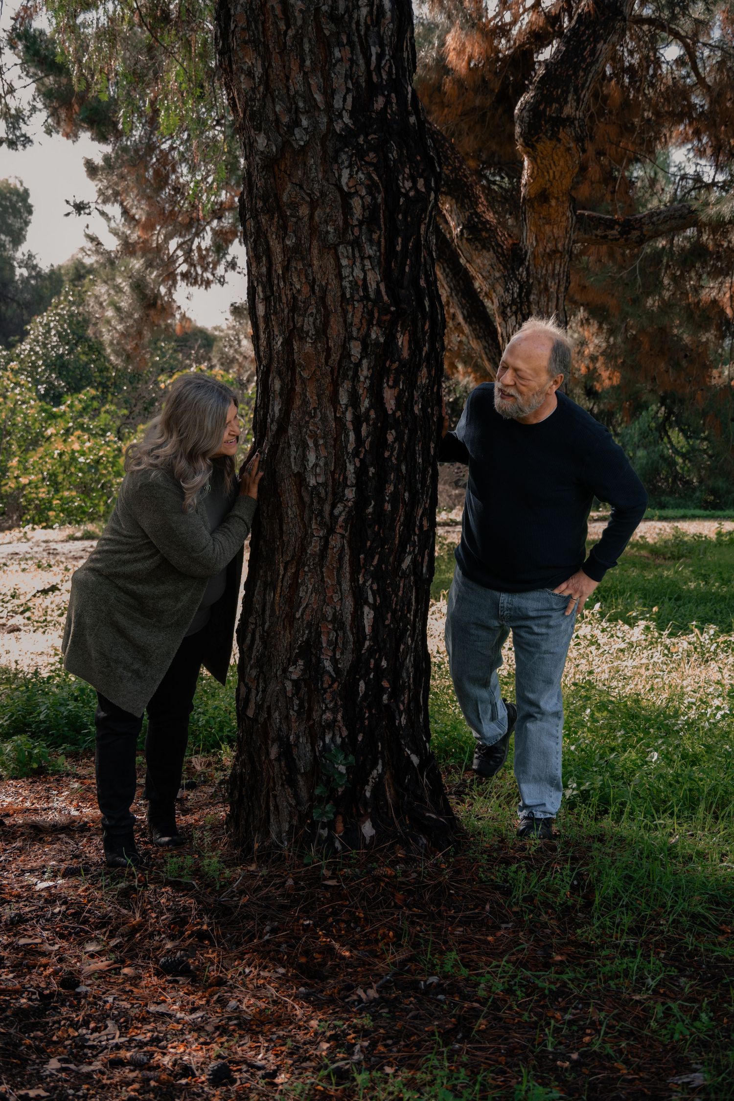 A sequence of photos showing two people interacting beside a large tree trunk in a wooded outdoor setting.