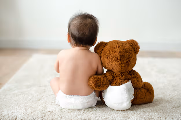 Baby sitting beside a teddy bear on a soft rug, representing early childhood development, family support, and community programs